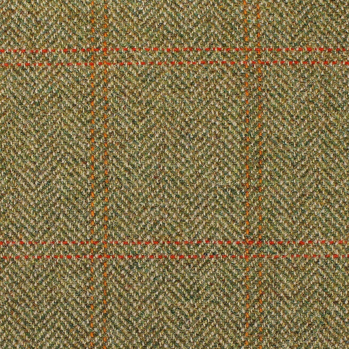 Estate Tweed 069 in olive green herringbone heavyweight sporting tweed with an orange and red windowpane check pattern.