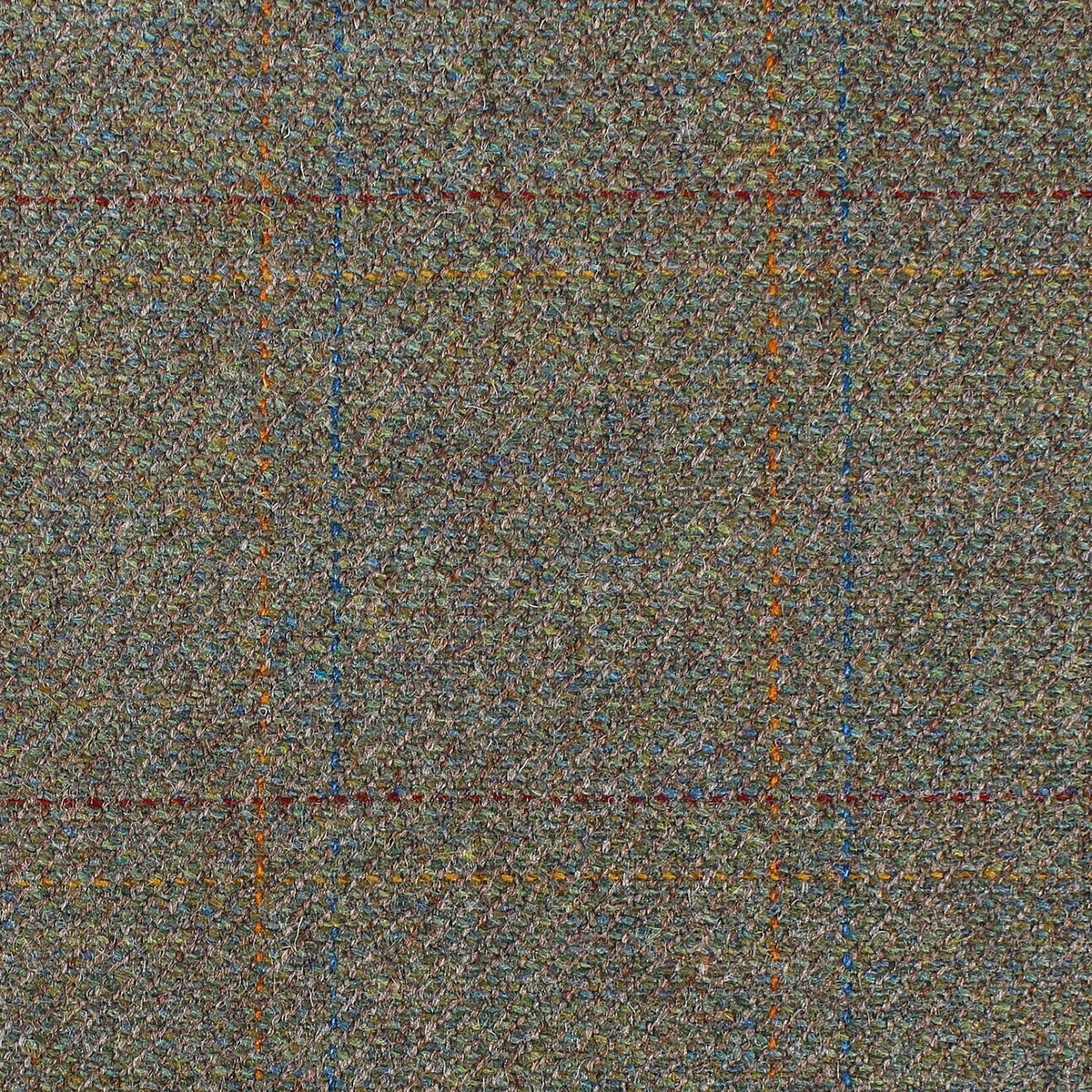 Estate Tweed 070 heavyweight green wool tweed with an orange and blue windowpane check pattern.