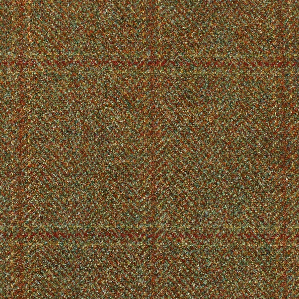 Estate Tweed 073 heavyweight olive green and brown estate tweed in a herringbone weave with a subtle orange plaid pattern.