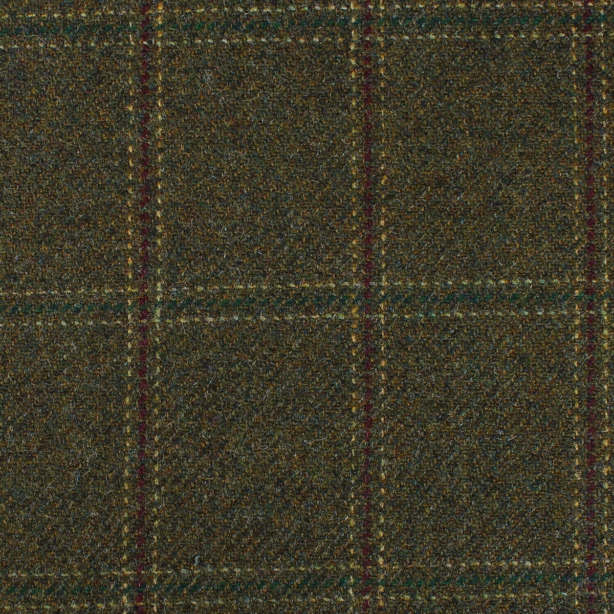 Lovat Mill Estate Tweed 074 heavyweight olive green estate tweed fabric featuring a dark red and yellow windowpane check pattern.