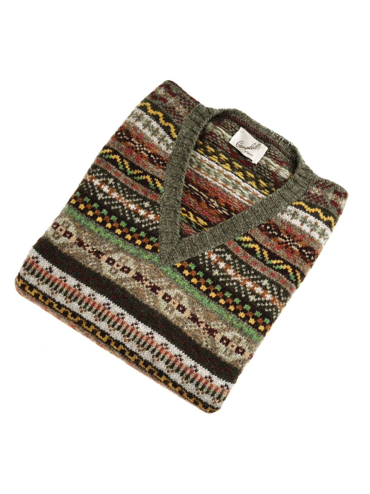 The Campbell’s of Beauly Fairisle Slipover is a folded V-neck garment crafted from soft Shetland wool, showcasing an intricate Fair Isle pattern in shades of green, brown, yellow, red, and white.
