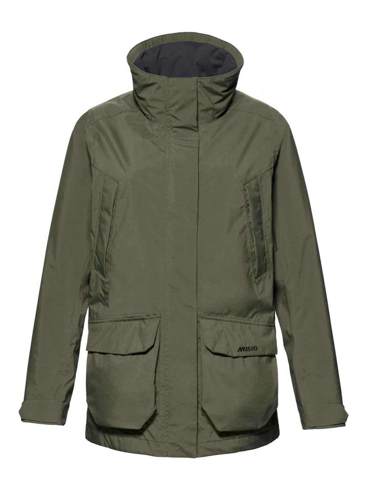 Olive green, lightweight, packable Musto Fenland Jacket 3.0 featuring a hood, high collar, two chest pockets, and two large lower flap pockets.