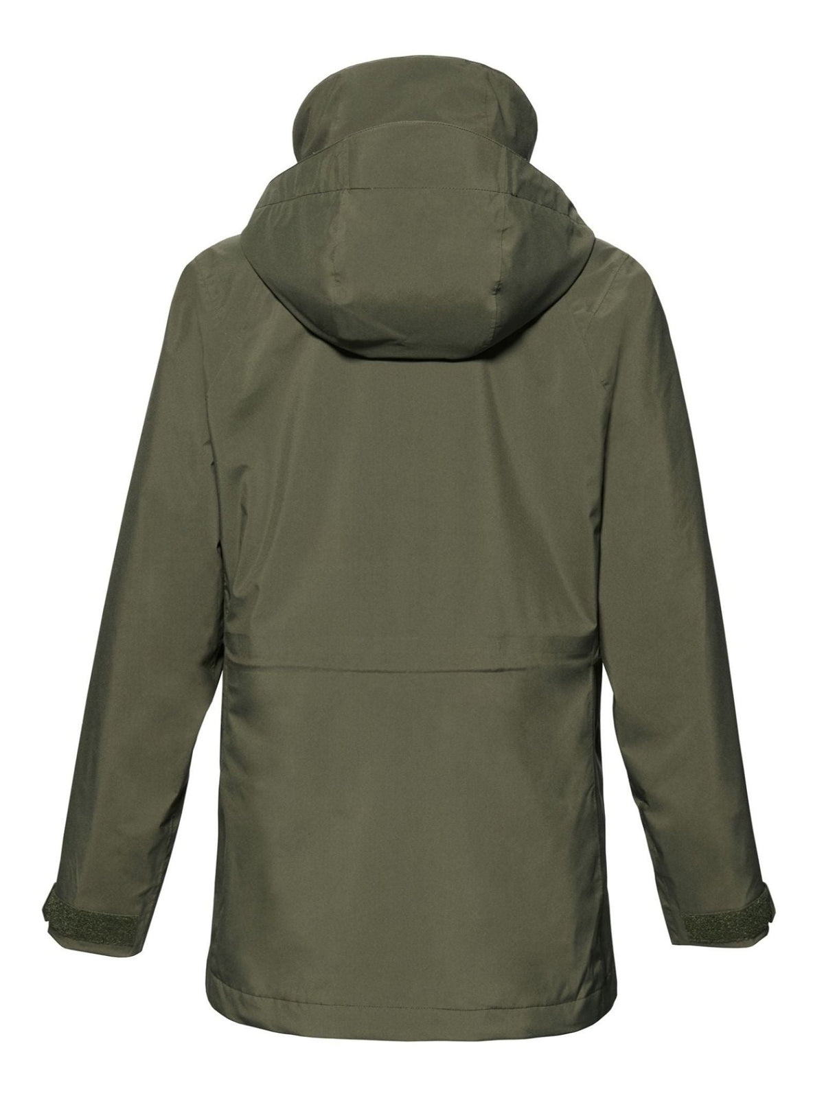 Olive green Musto Fenland Jacket 3.0 shown from the back, featuring a hood and adjustable cuffs.