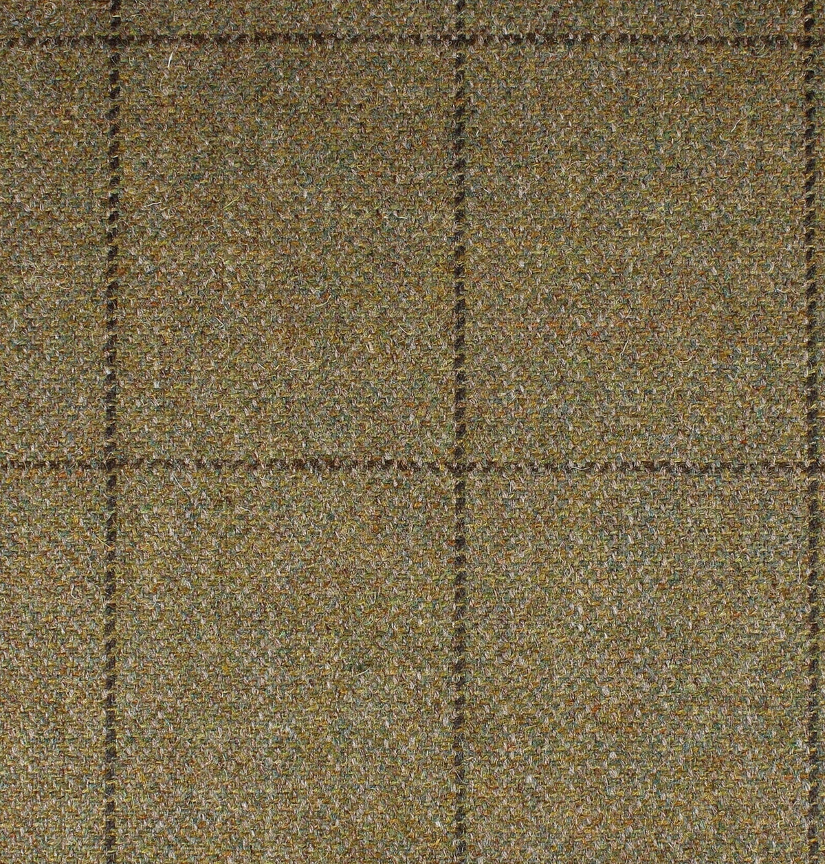 Olive green Lovat Mill Field Tweed 083 fabric featuring a subtle brown windowpane check pattern.