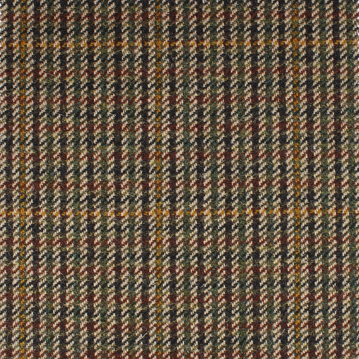 Field Tweed 090 Scottish tweed fabric in a dark green and brown windowpane check pattern with thin orange accent stripes.