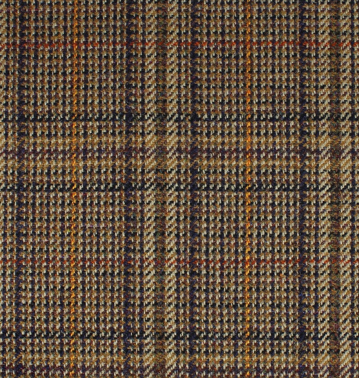 Field Tweed 093 Scottish tweed fabric in brown, tan, and dark blue featuring a traditional plaid pattern with thin orange accent lines.