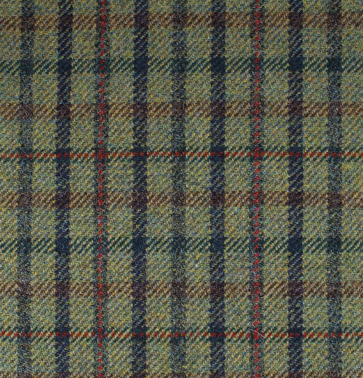 Field Tweed 101 olive green Scottish tweed fabric in 100% wool, featuring a dark navy and thin red plaid pattern.