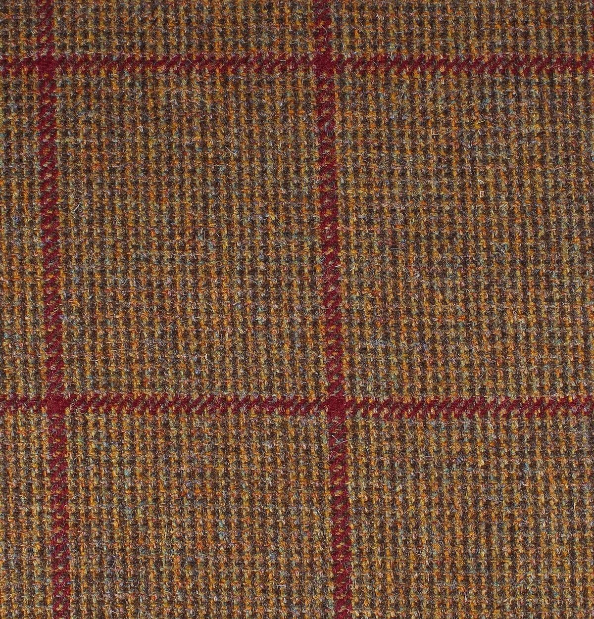 Field Tweed 106 Scottish tweed fabric in brown and gold with a dark red windowpane check pattern.