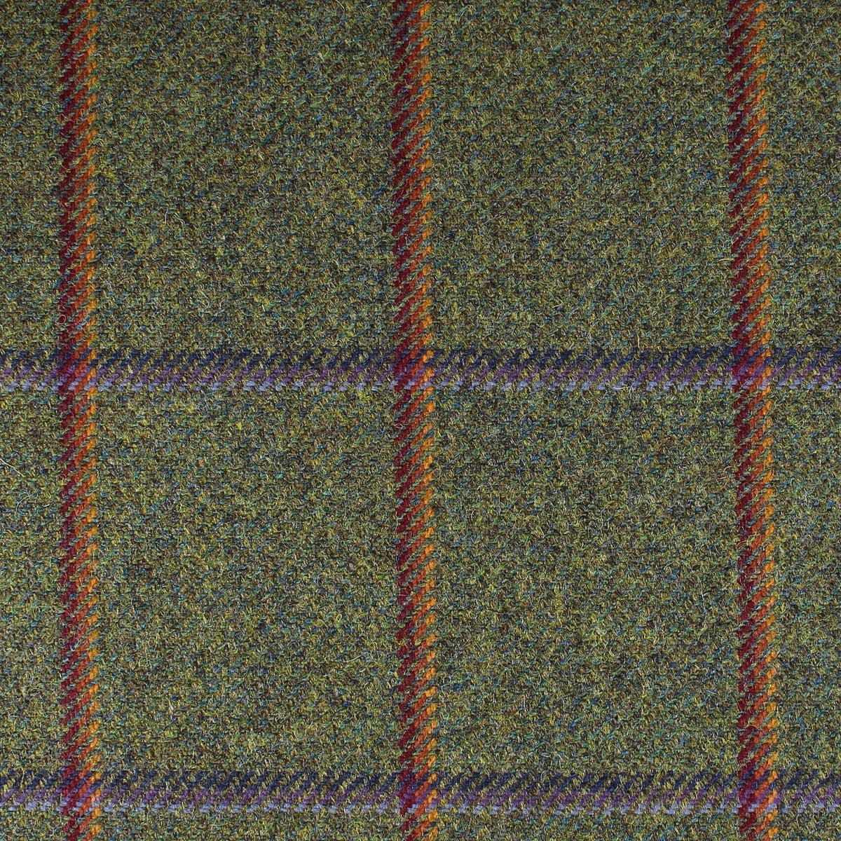 Lovat Mill Field Tweed 122 olive green Scottish tweed fabric featuring a large windowpane check pattern in orange and purple.