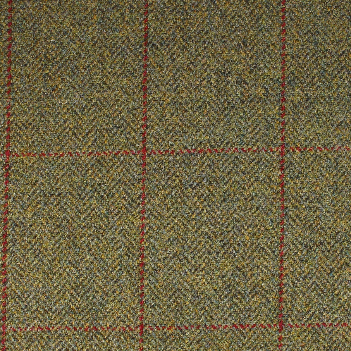 Field Tweed 125 green and brown herringbone Scottish tweed fabric featuring a subtle red grid pattern.
