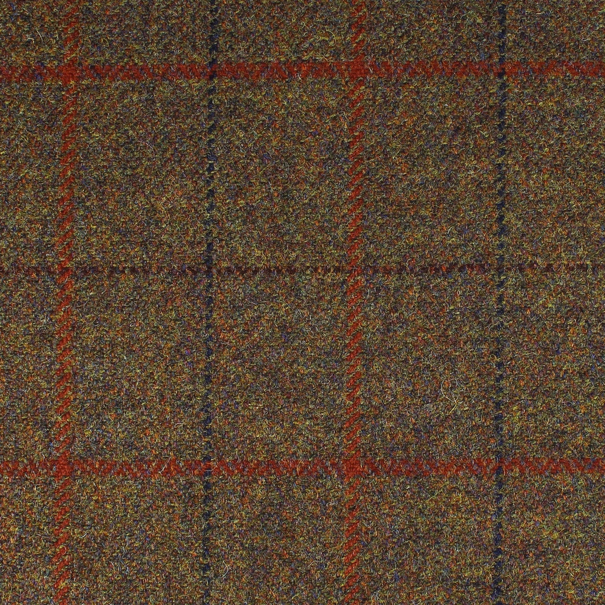 Field Tweed 131 brown Scottish tweed fabric with a dark blue and orange windowpane check pattern.
