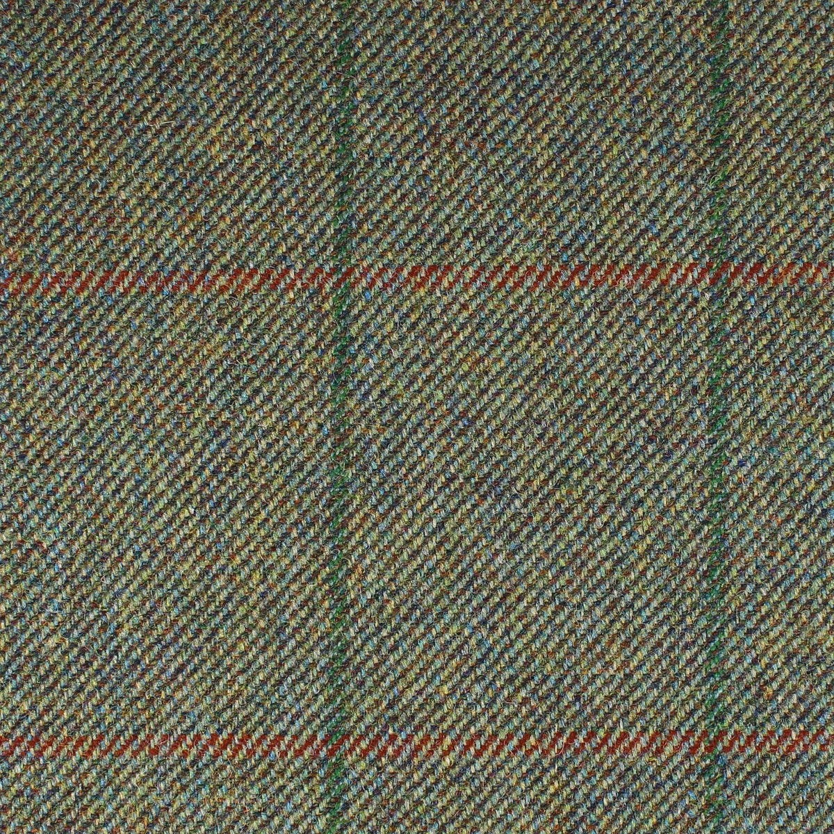 Field Tweed 132 in olive green Scottish tweed with a herringbone wool weave and a subtle plaid pattern in red and dark blue.