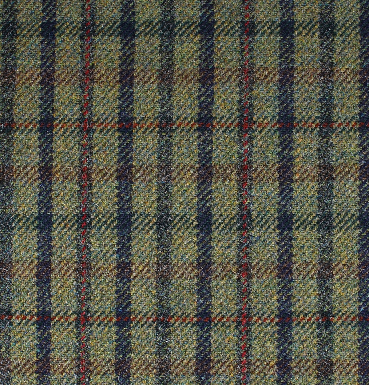 Field Tweed 136 Scottish tweed fabric featuring a brown, green, and navy blue plaid pattern accented by thin vertical red stripes.