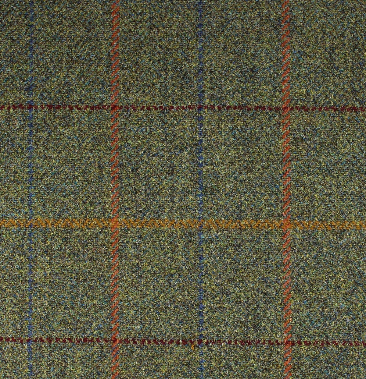 Field Tweed 138 olive green Scottish tweed fabric with a subtle windowpane check pattern in blue and rust orange.