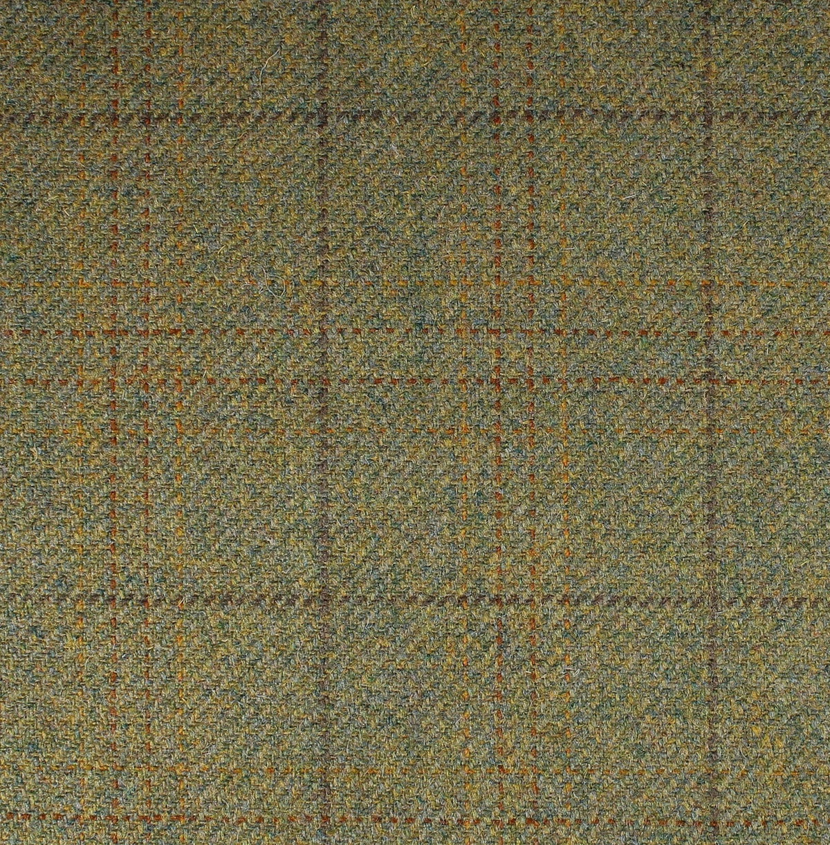 Lovat Mill Field Tweed 140 olive green Scottish tweed wool fabric with a subtle brown and orange windowpane check pattern.