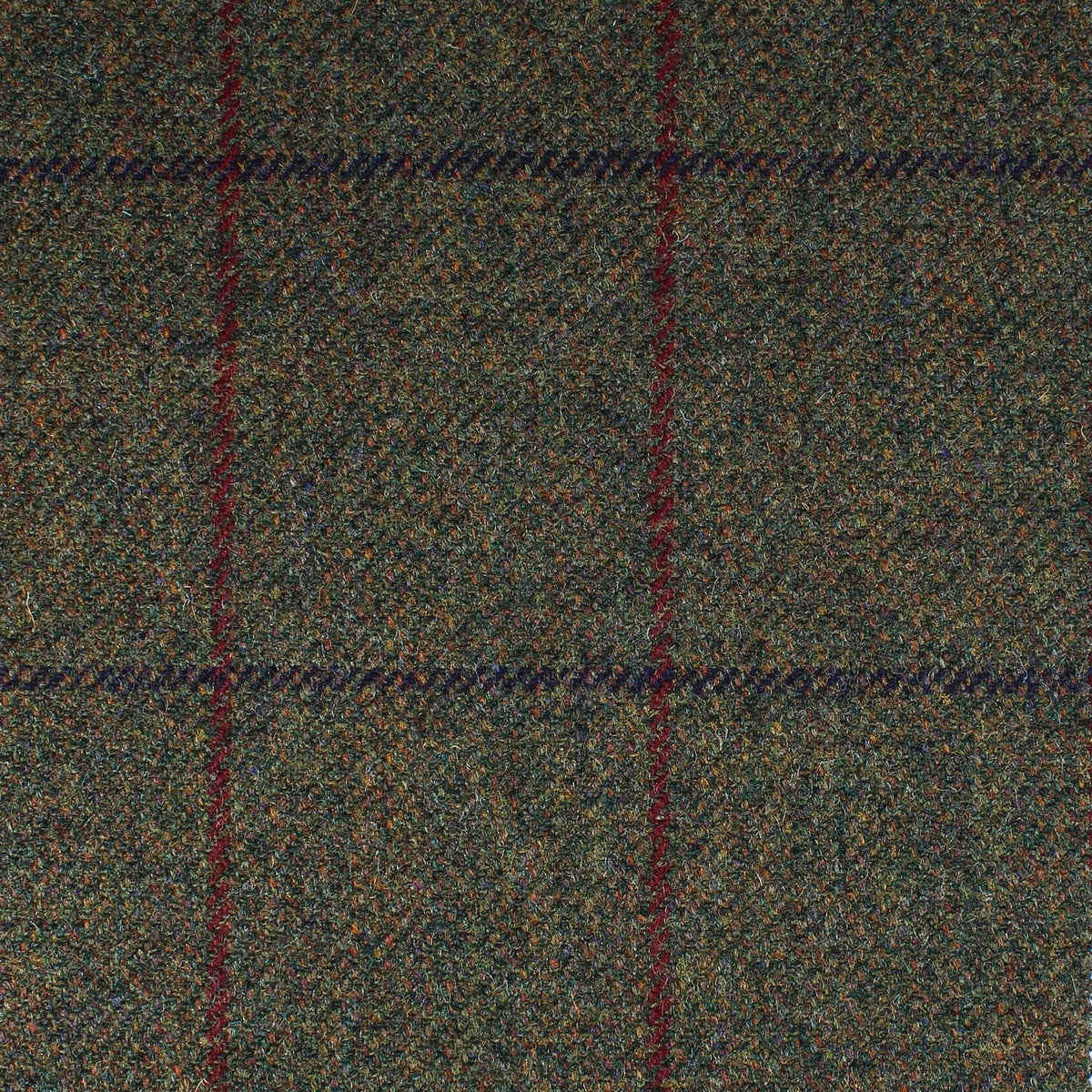 Field Tweed 144 in olive green 100% wool Scottish tweed with a subtle dark blue and red windowpane check pattern.