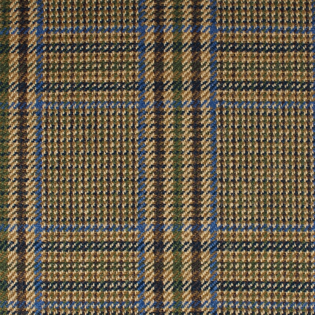 Field Tweed 147 Scottish tweed fabric in a green, brown, and blue classic plaid pattern.
