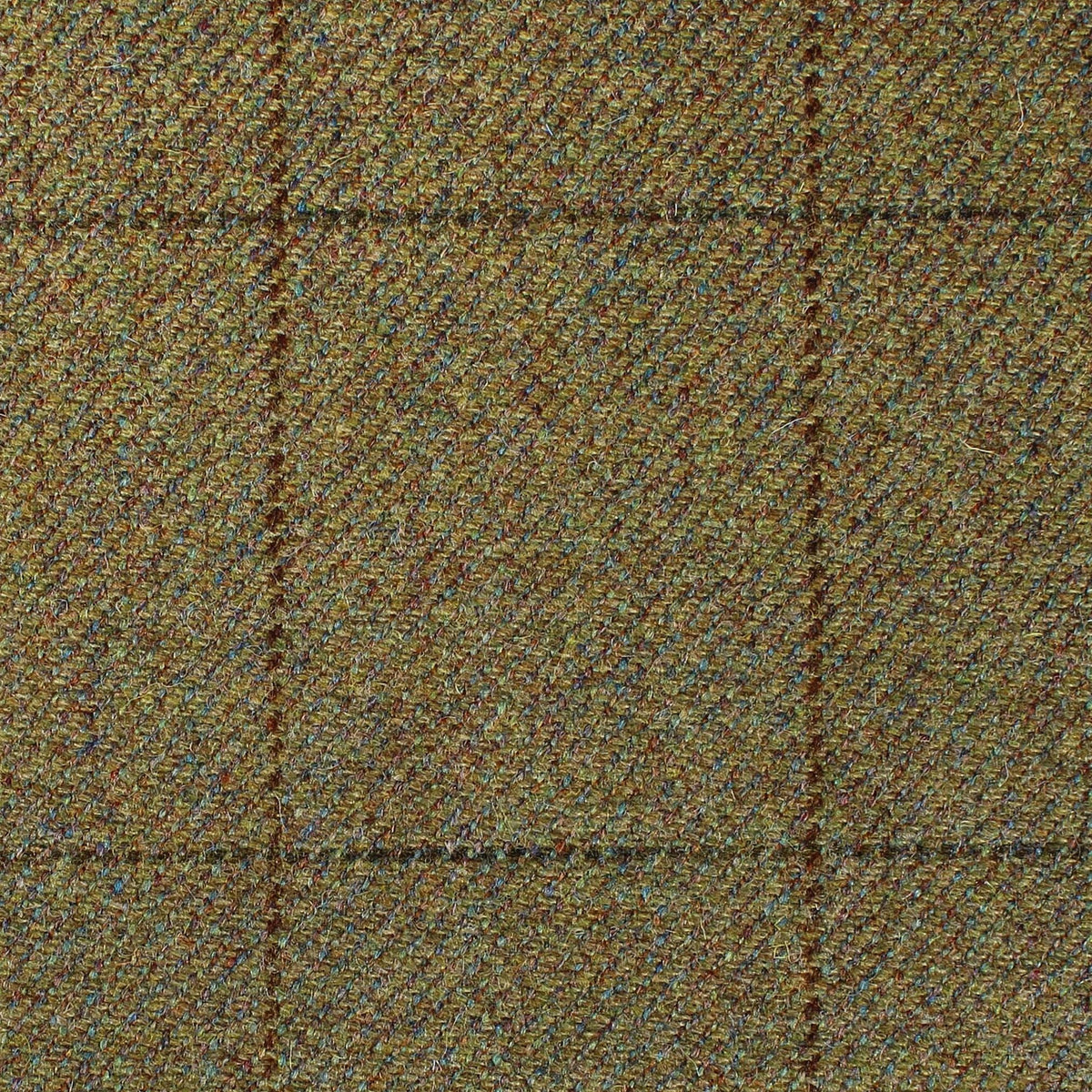 Campbell’s of Beauly House Tweed 95033 heavyweight olive green estate tweed fabric featuring a subtle dark brown grid pattern and multicolored flecks.