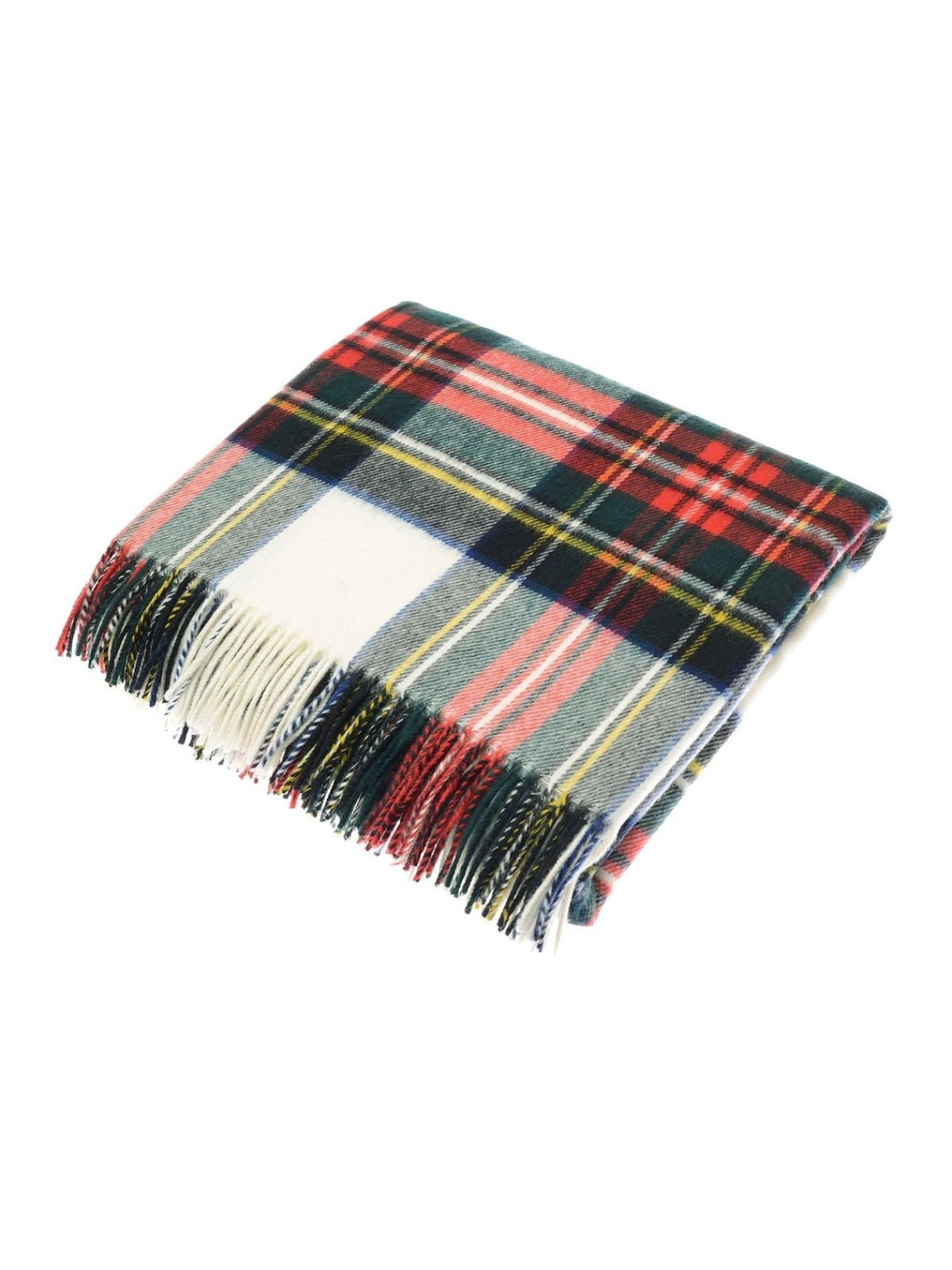 A folded, fringed Lambswool Tartan Blanket by Campbell’s of Beauly—showcasing a red, green, white, and yellow plaid pattern that exudes heritage charm—is displayed on a white background. This UK-made piece is crafted in the tradition of classic lambswool tartan blankets.