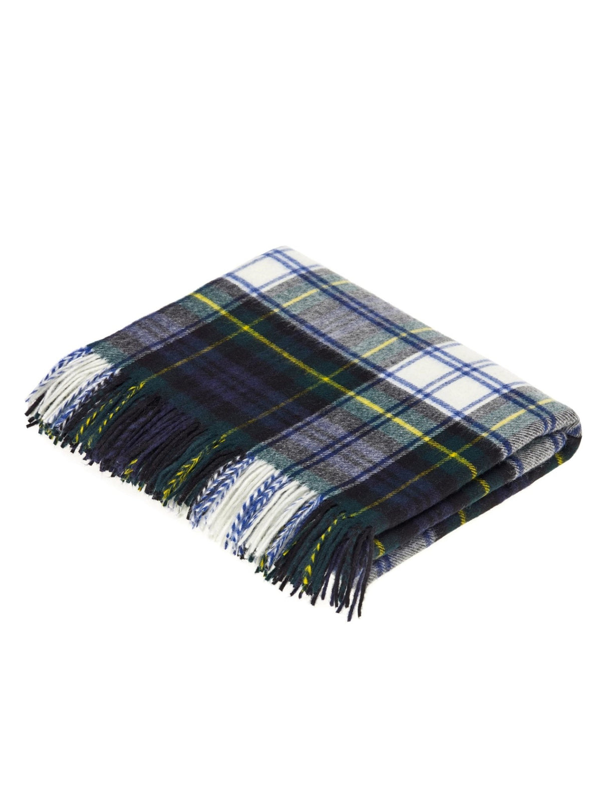 Experience the timeless style and warmth of the Campbell’s of Beauly Lambswool Tartan Blanket—a UK-made throw featuring a classic pattern of dark blue, green, yellow, and white stripes, expertly crafted in soft lambswool with fringed edges.