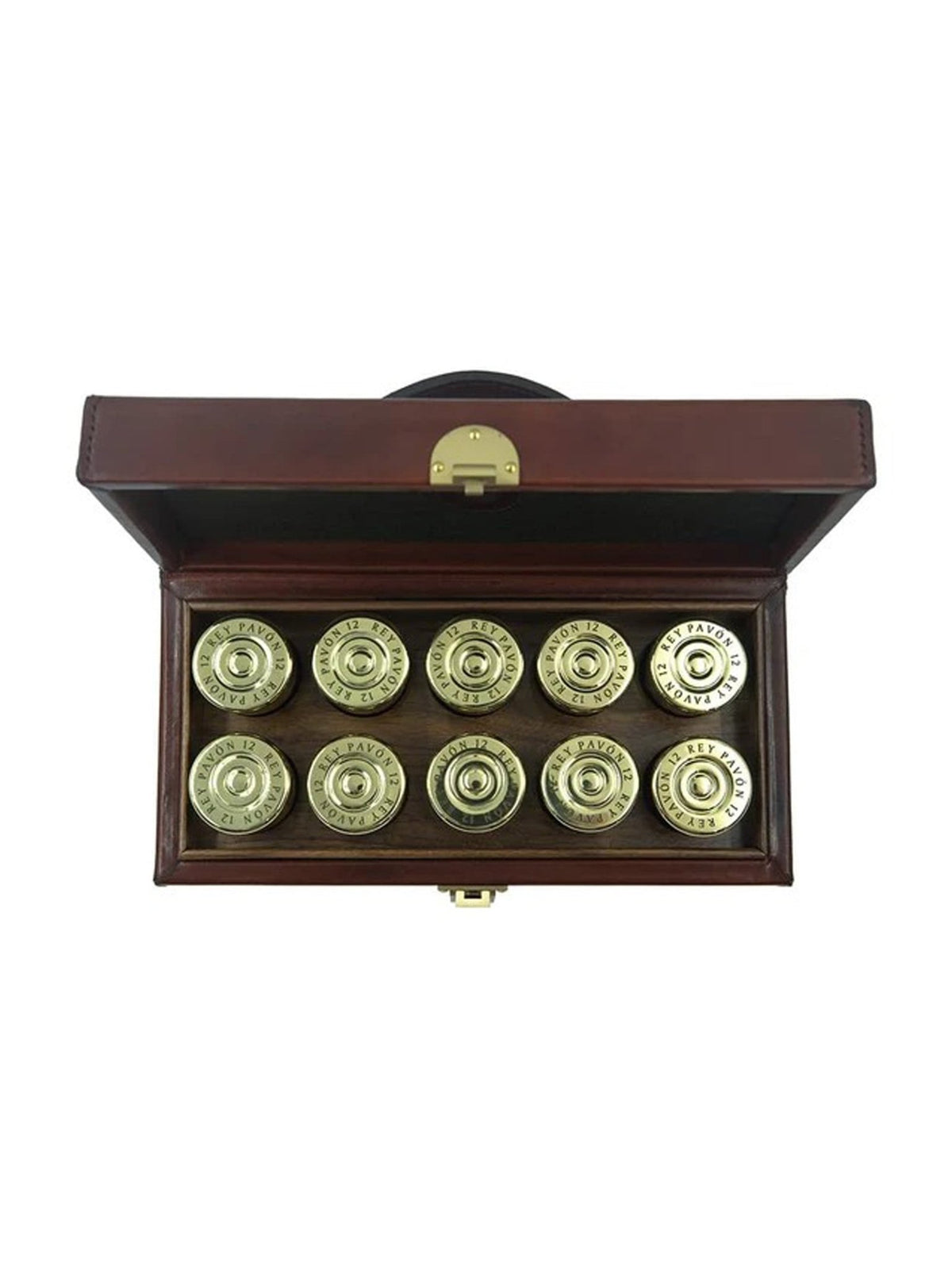 The Rey Pavón Leather Cartridge Shot Glass Set features a brown leather case with a gold clasp, opened to reveal ten round shot glasses—each styled to resemble shotgun shell bases—arranged neatly in two rows.