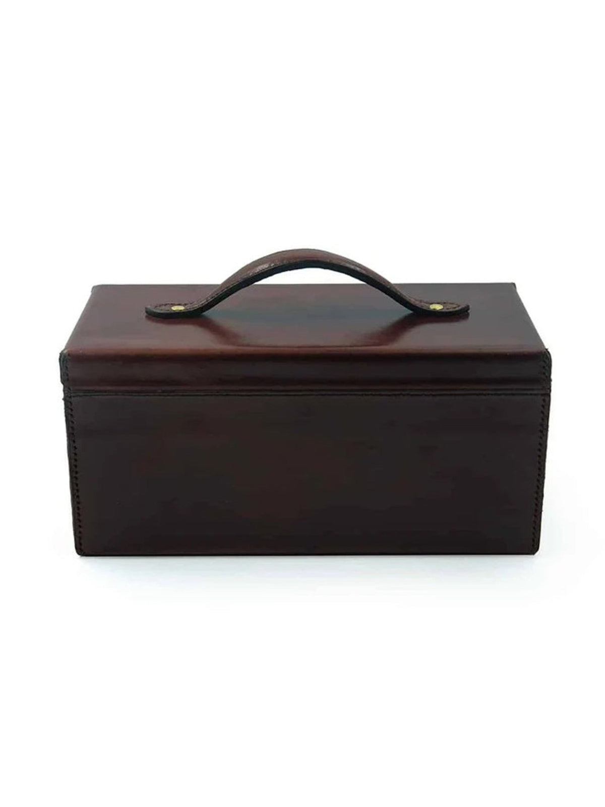 The Leather Cartridge Shot Glass Set by Rey Pavón is presented in a rectangular dark brown leather case with a top handle, shown from the front against a white background.