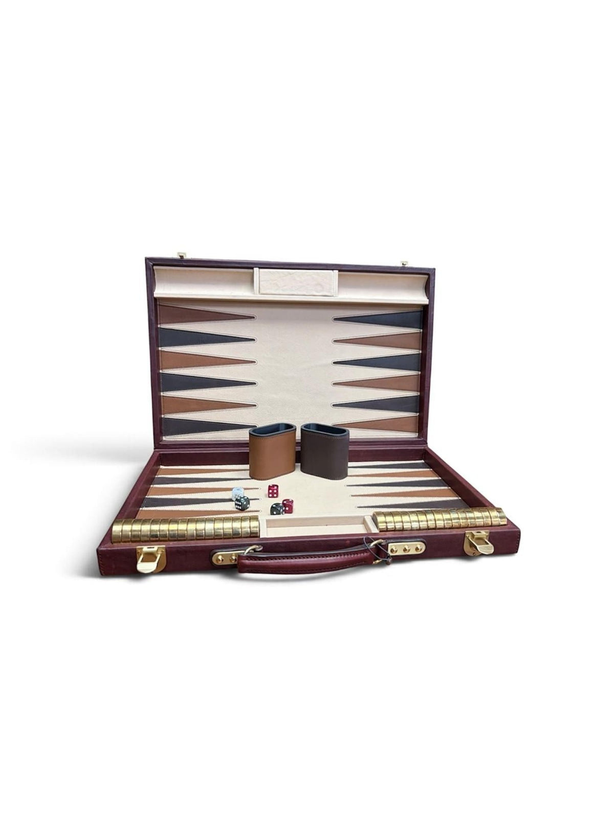 Open the Rey Pavón Leather Backgammon Set in its elegant wooden case, displaying the playing pieces, dice, doubling cube on the board, and two dice cups alongside. The case features a practical handle and secure latches—perfect for enjoying this traditional game in style.