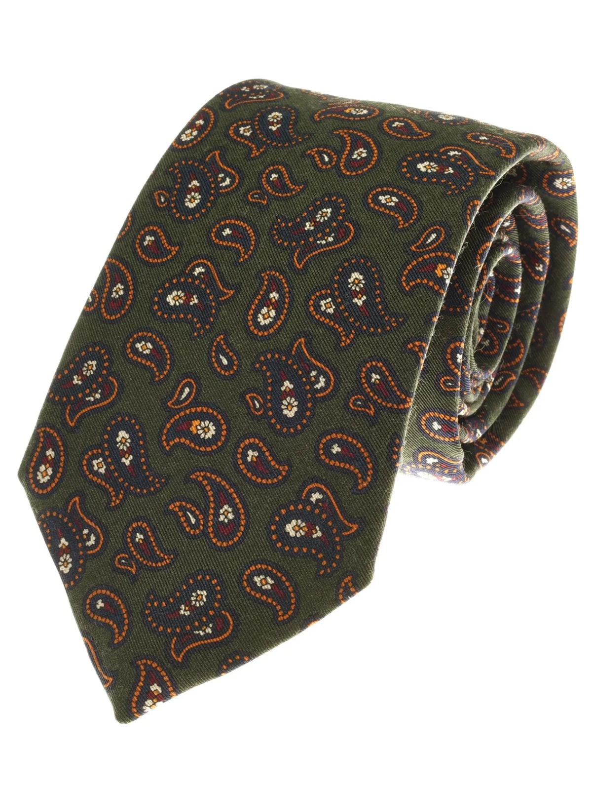The Paisley Silk Tie by Campbell’s of Beauly is a rolled-up green necktie adorned with an elegant paisley motif in orange, navy, and white, expertly crafted to add a sophisticated touch.