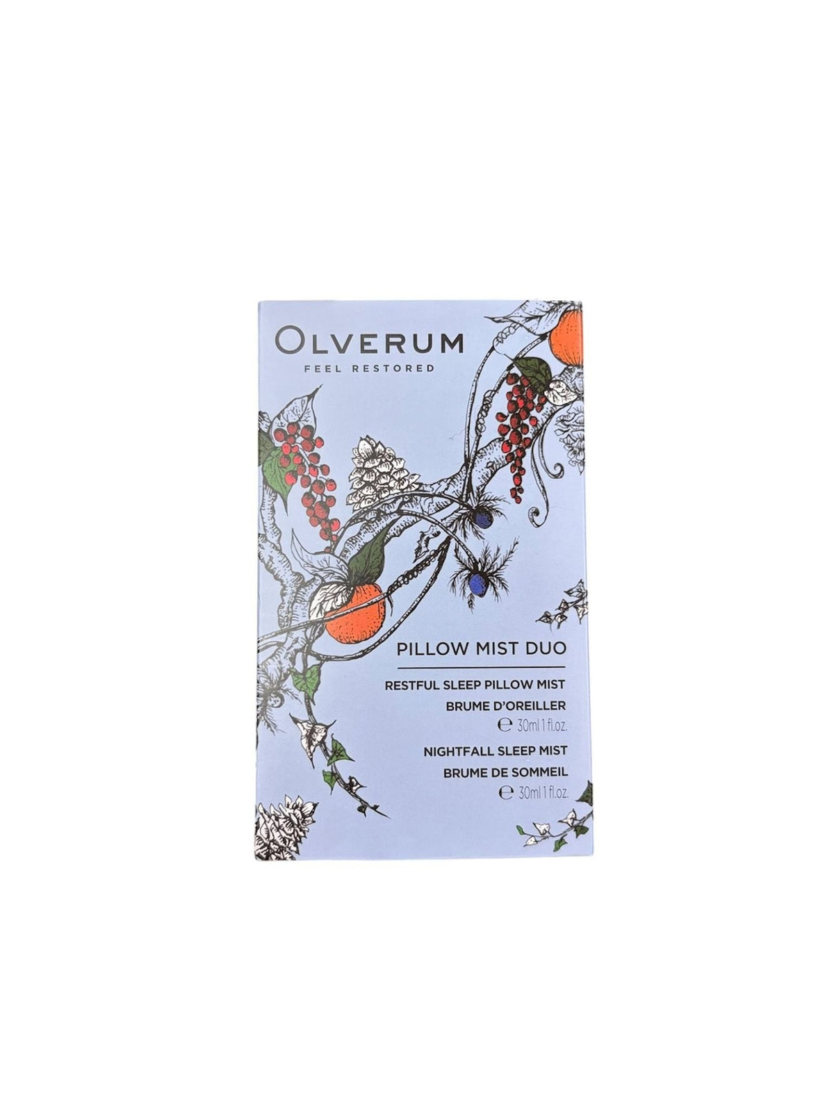 A light blue rectangular box for the Olverum Pillow Mist Duo Set 30ml features botanical illustrations of berries and orange blossoms, showcasing two sleep mist varieties for nightly relaxation.