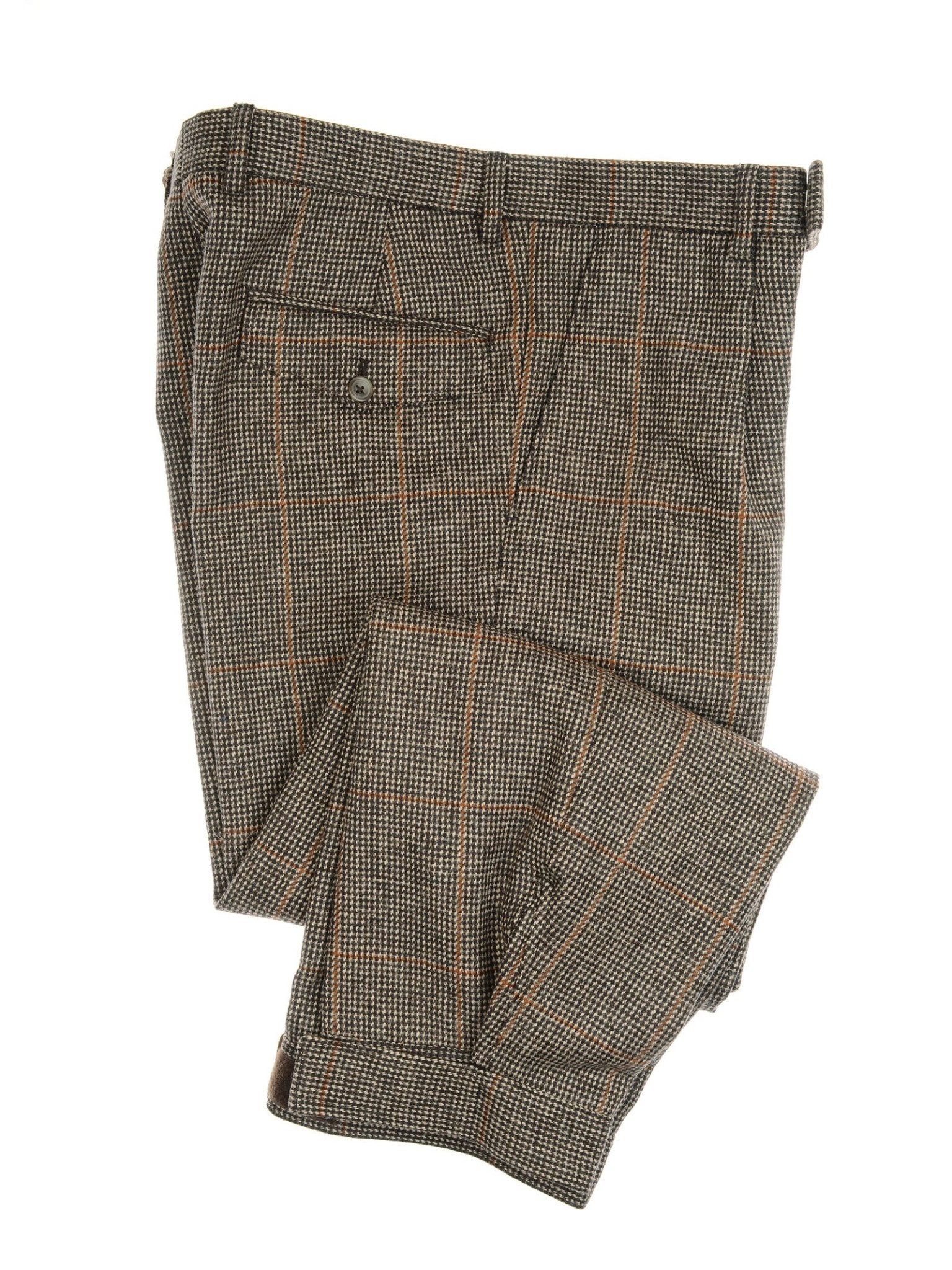 A pair of Campbell’s of Beauly Plus Fours in brown plaid with an orange windowpane pattern, inspired by classic country sports attire and traditional men’s breeks, featuring a buttoned back pocket, displayed on a white background.