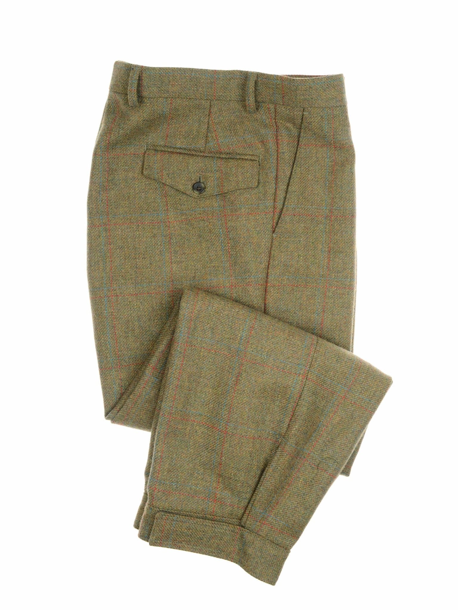 A pair of folded brown plaid Campbell’s of Beauly Plus Fours for men, featuring a back pocket with a button, displayed on a white background.