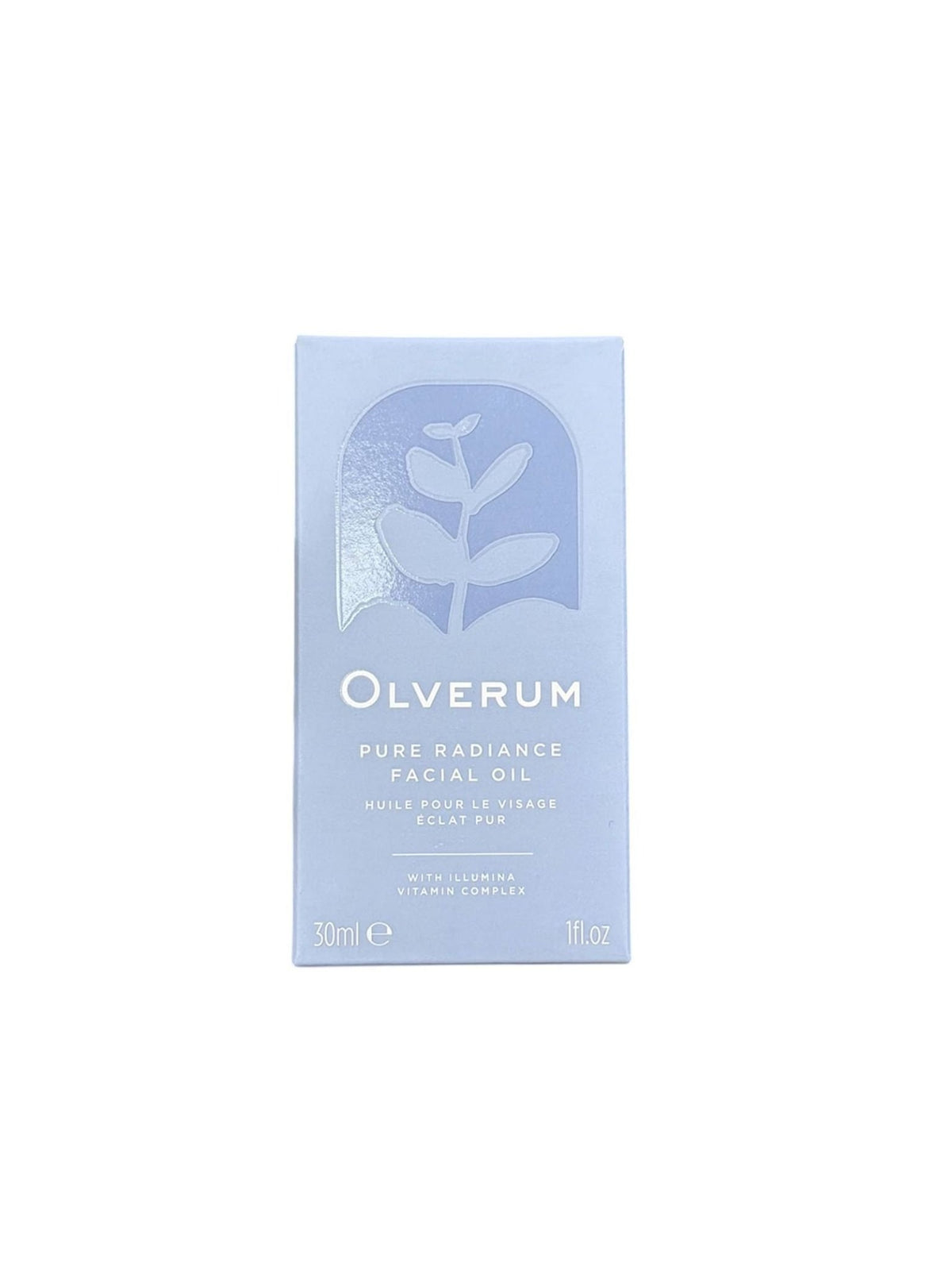 Light blue rectangular box for Olverum Pure Radiance Facial Oil featuring a leaf icon and volume information.
