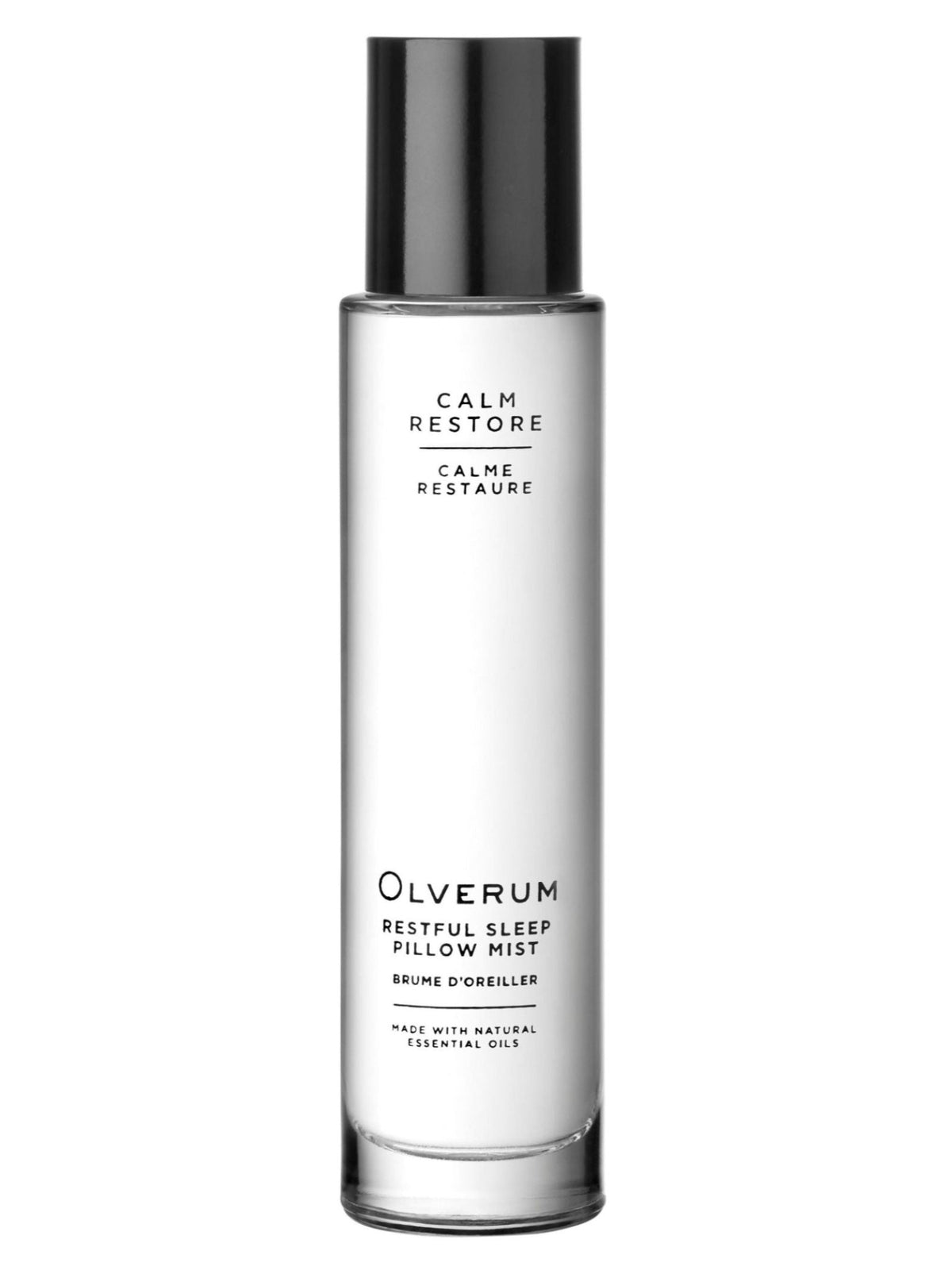 Clear glass bottle of Olverum Restful Sleep Pillow Mist 30ml with a black cap, labeled in English and French.