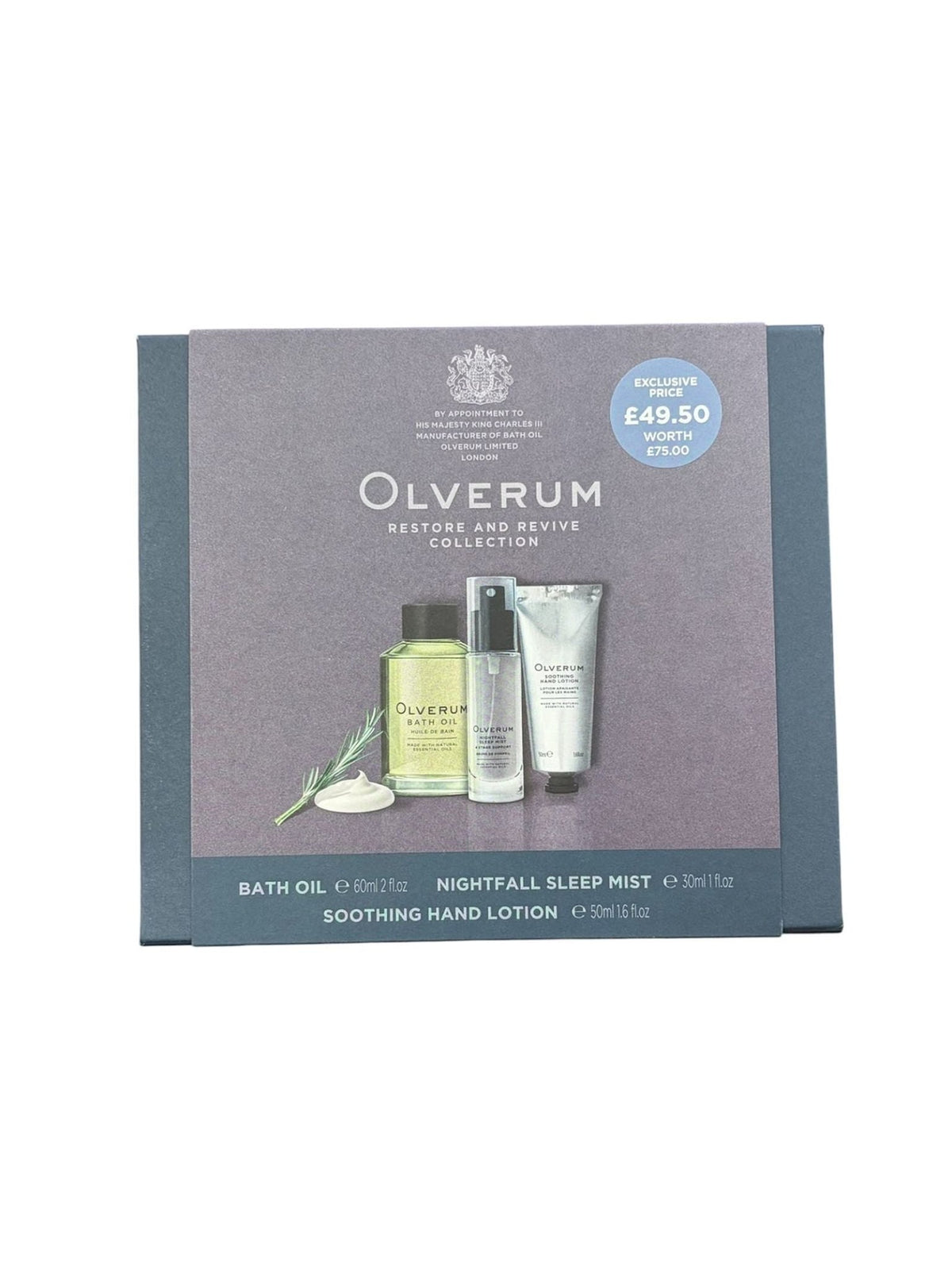 An Olverum Restore and Revive gift set containing a bottle of bath oil, a spray bottle of sleep mist, and a tube of hand lotion, displayed in a branded box.