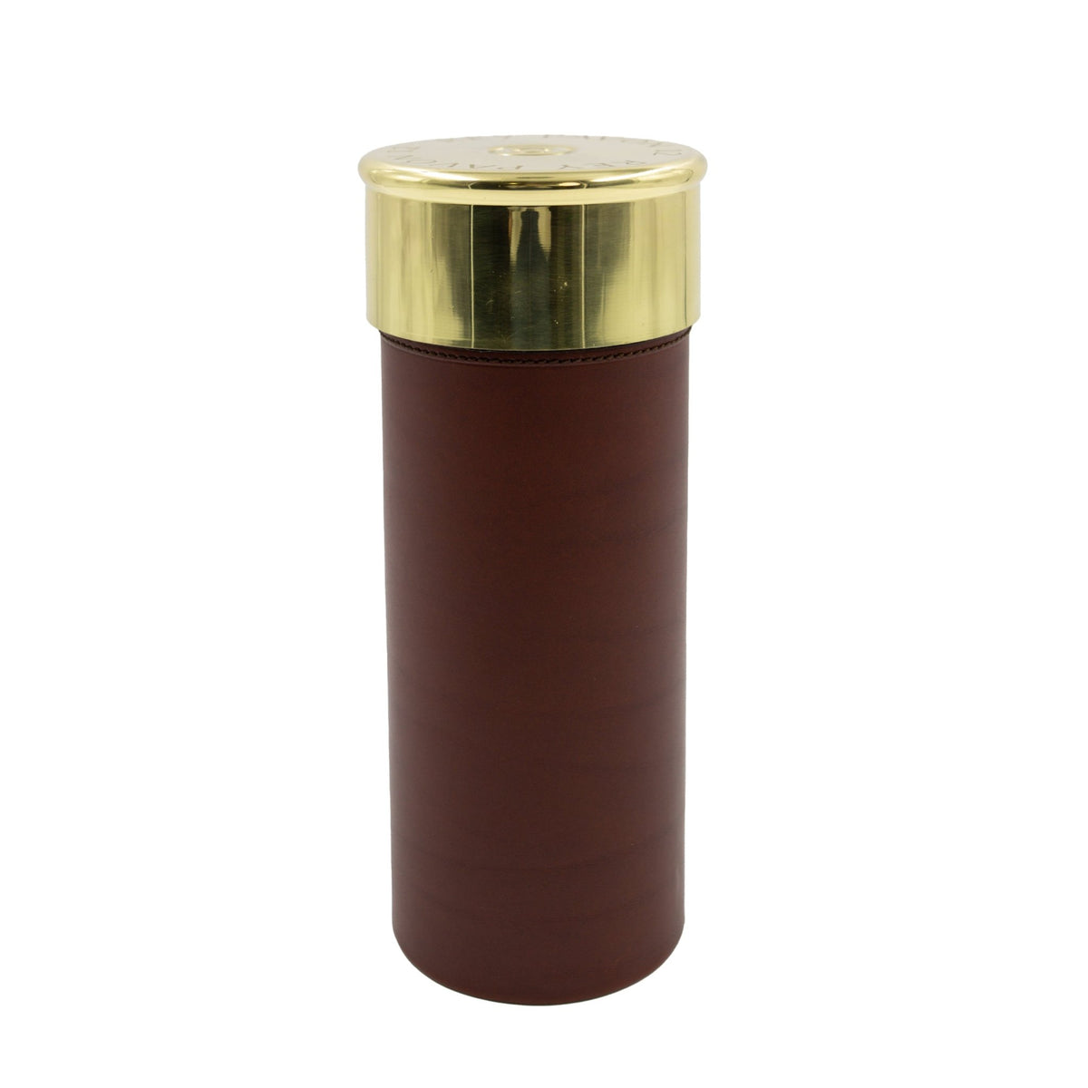 The Rey Pavón Shotgun Cartridge Cigar Humidor, featuring a cylindrical brown body and a gleaming gold-colored lid reminiscent of an elegant leather cigar case, stands upright against a plain white background.