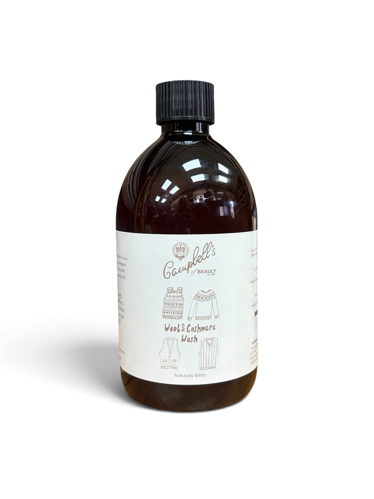 A brown plastic bottle of Campbell’s of Beauly Wool and Cashmere Wash 500ml with a white label featuring illustrations of knitwear.