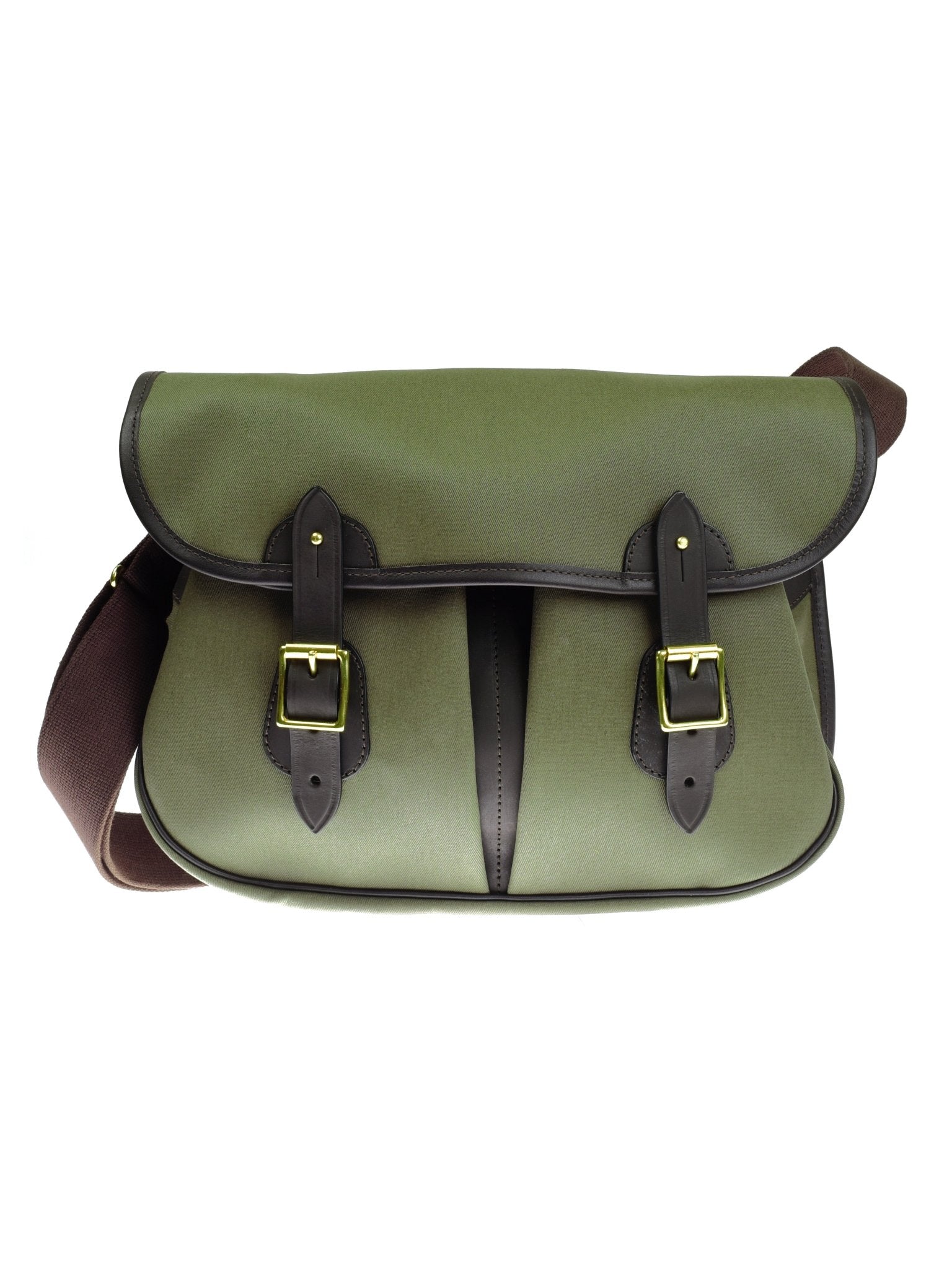 The Campbells of Beauly Green Canvas Carryall features a sturdy green canvas body, brown strap, two front pockets, and black leather trim with brass buckle closures, shown on a white background.