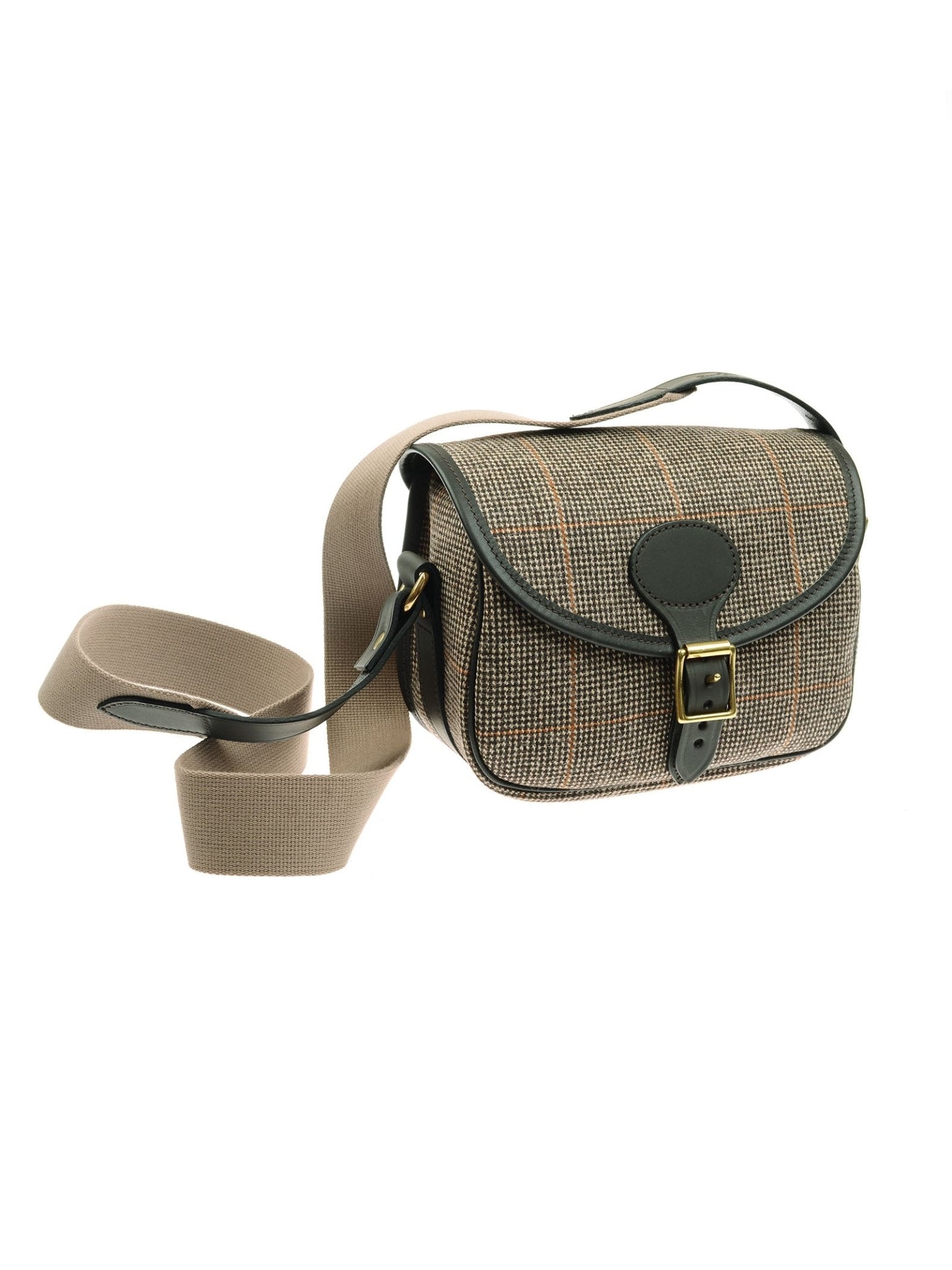 The Cartridge Bag, Kirkton 523 by Campbell's of Beauly features a plaid tweed pattern, green leather trim, gold-buckle flap closure, and wide beige adjustable strap—ideal for carrying shooting accessories outdoors.