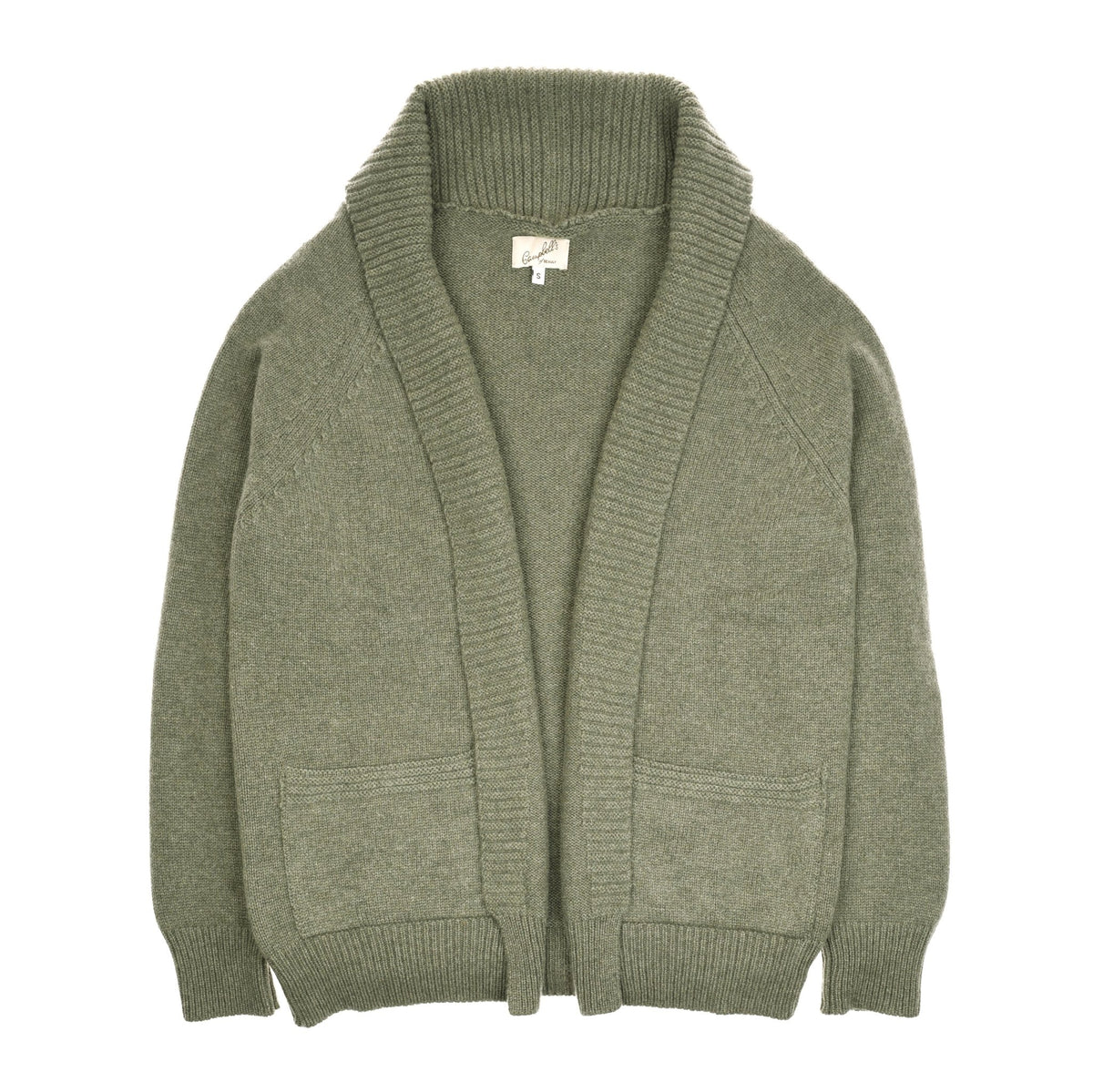 The Campbells of Beauly Cashmere Shawl Cardigan in Moss features a shawl collar, front pockets, and ribbed cuffs and hem, highlighting luxury craftsmanship. Shown laid flat on a white background.