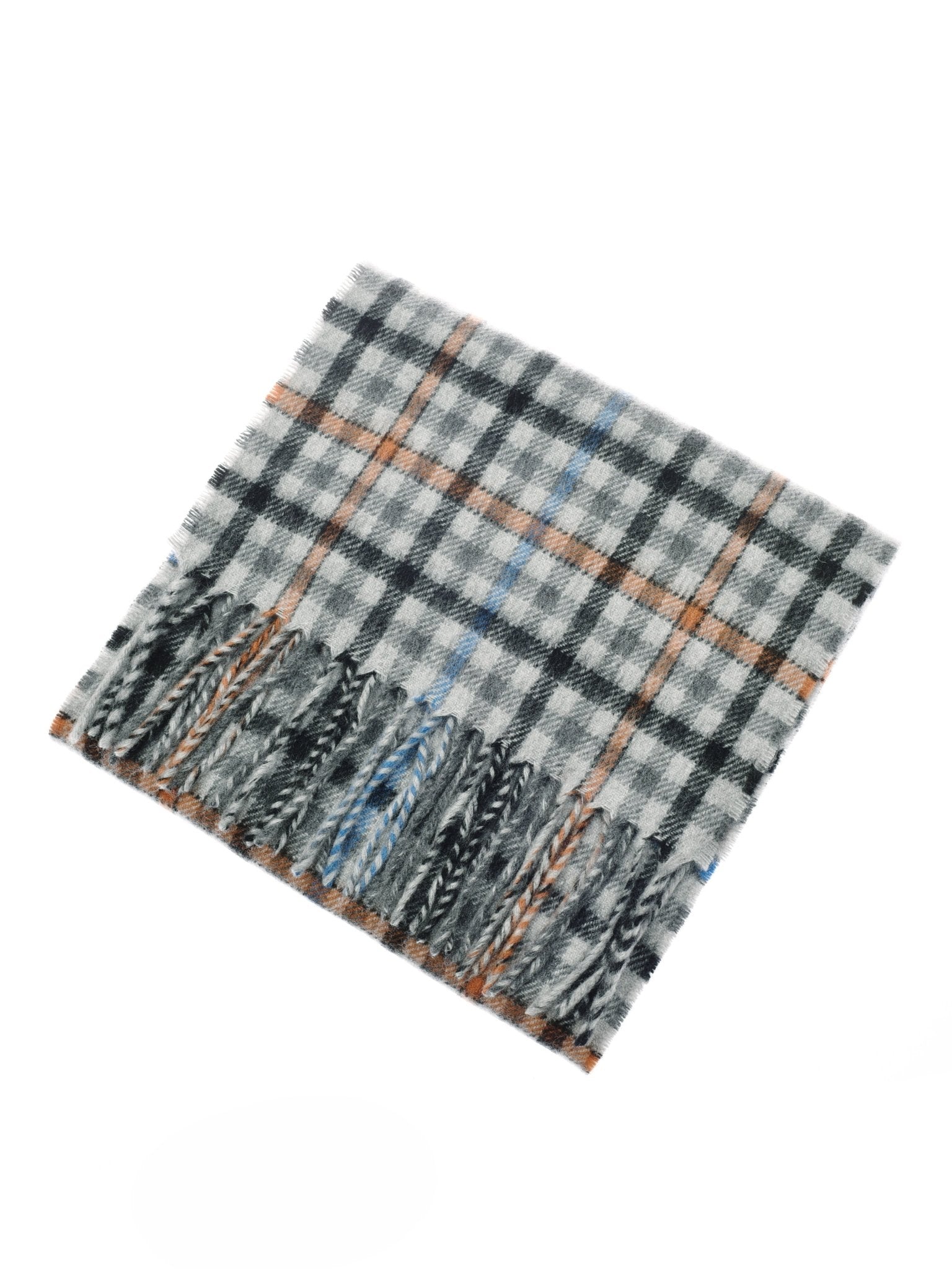 The Campbells of Beauly Cashmere Scarf in Grey Tweed features a black, white, and gray plaid with blue and orange accents, fringed edges, and is displayed folded on a white background—a perfect luxury accessory.