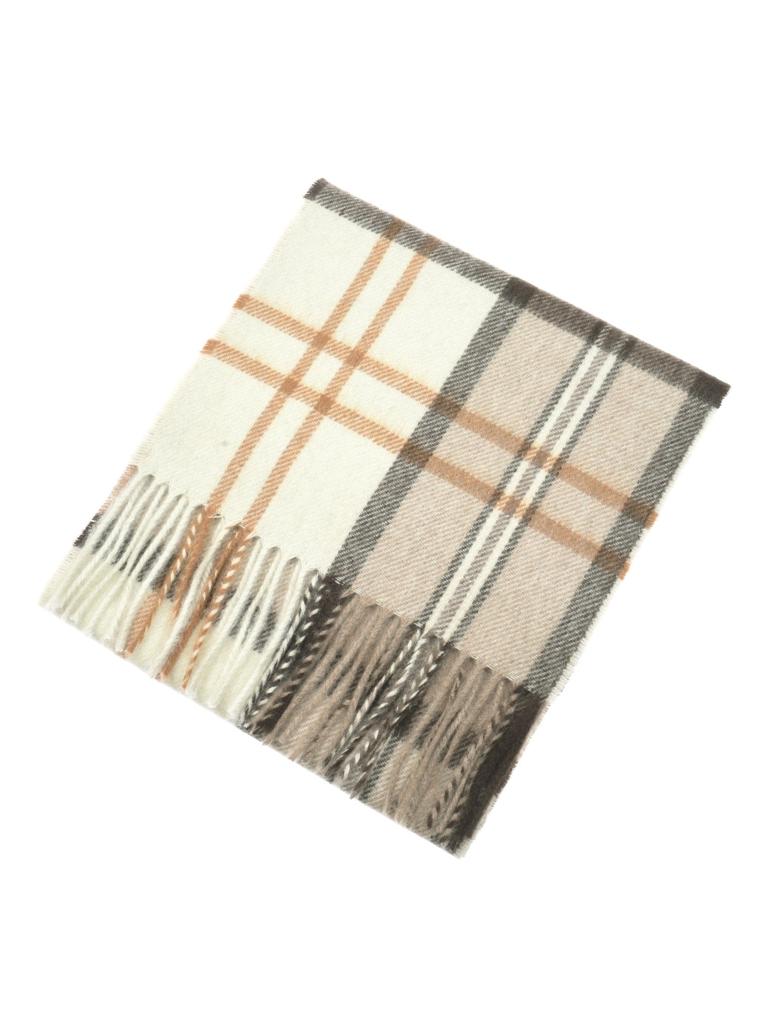 The Campbells of Beauly Cashmere Scarf in Oban Alba Natural showcases a plaid pattern with beige, brown, and cream tones plus fringed ends, elegantly laid flat on a white background.