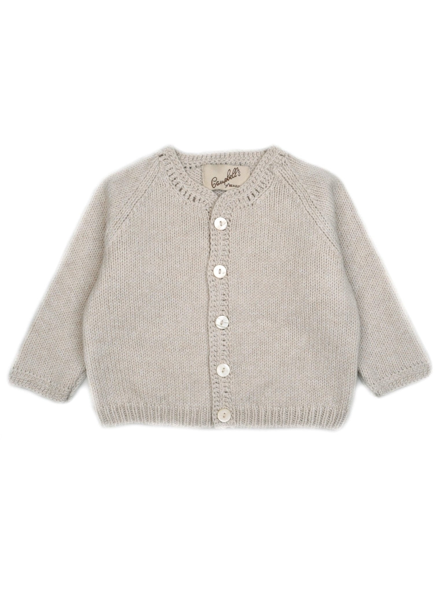 The Campbell’s of Beauly Baby Lambswool Cardigan is a light gray, long-sleeve hand-knitted baby sweater featuring five white buttons down the front and a classic silhouette, shown against a white background.
