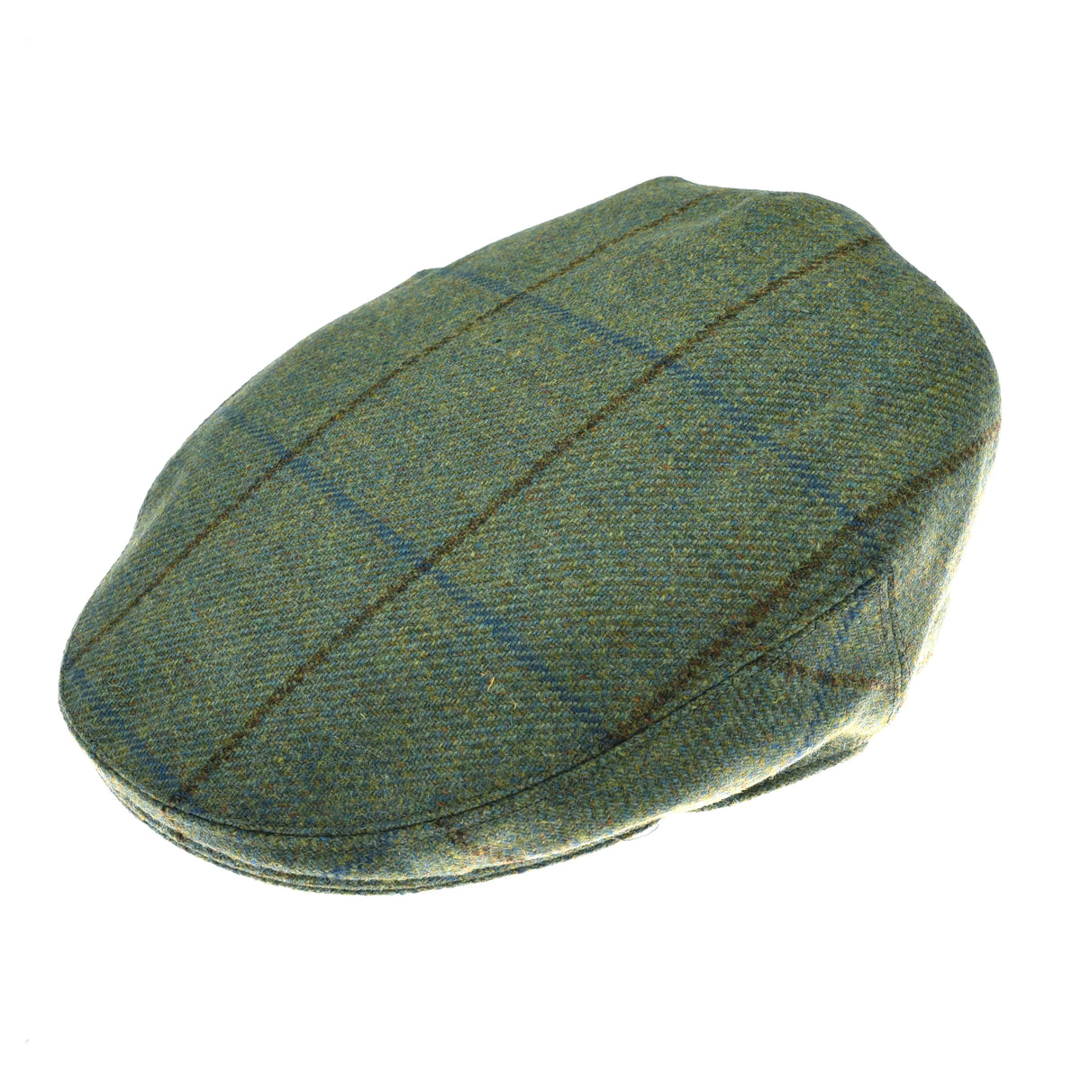Campbell’s of Beauly Conon Cap in color 283A1, featuring a green British tweed with thin blue and brown plaid lines, shown from above on a white background.