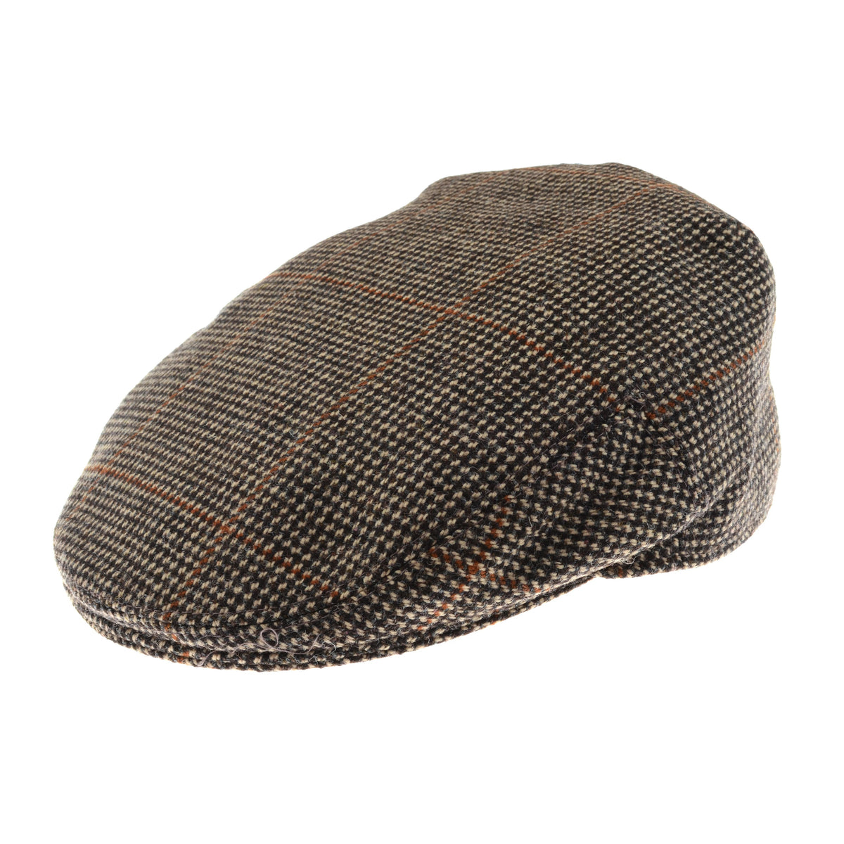 A Campbell’s of Beauly Conon Cap in color K14, featuring a brown and black checkered British tweed with a subtle plaid pattern and a rounded crown, displayed on a white background.