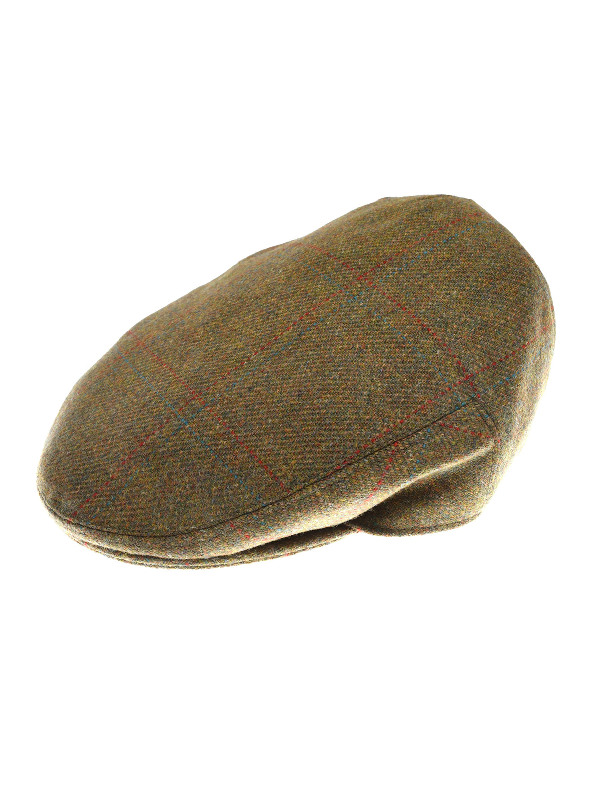 The Conon Cap by Campbell’s of Beauly is a brown tweed flat cap with a subtle red and green plaid pattern, inspired by classic British tweed caps, shown on a white background.