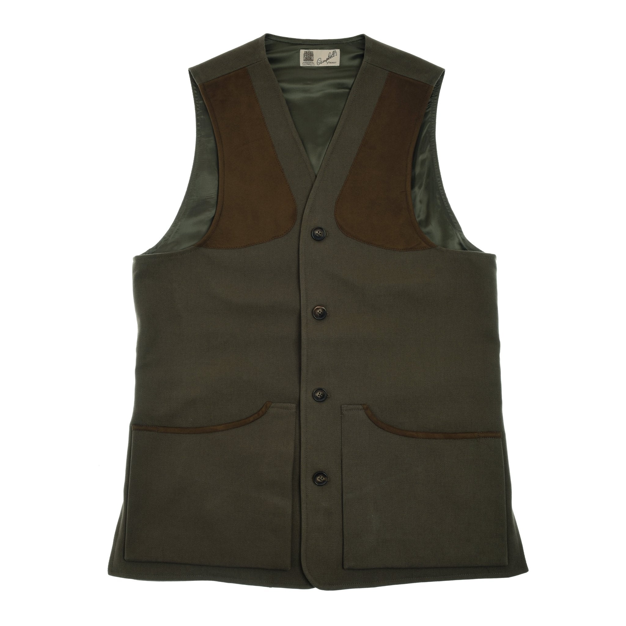 The Campbell’s of Beauly Cotton Shooting Waistcoat in dark olive is a sleeveless canvas cotton gilet with brown shoulder patches, front button closure, two large front pockets, and smooth lining, displayed flat and viewed from the front.