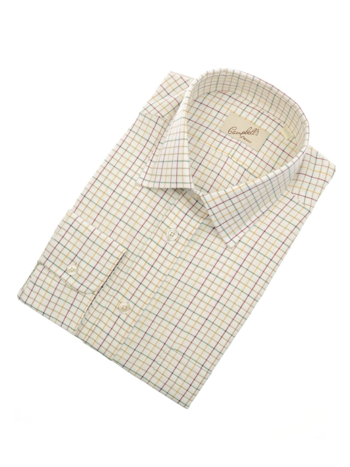 The Country Check Classic Collar Shirt by Campbell’s of Beauly features a crisp white base with a multicolored windowpane check, classic collar, and buttoned cuffs—offering timeless style with a modern twist.