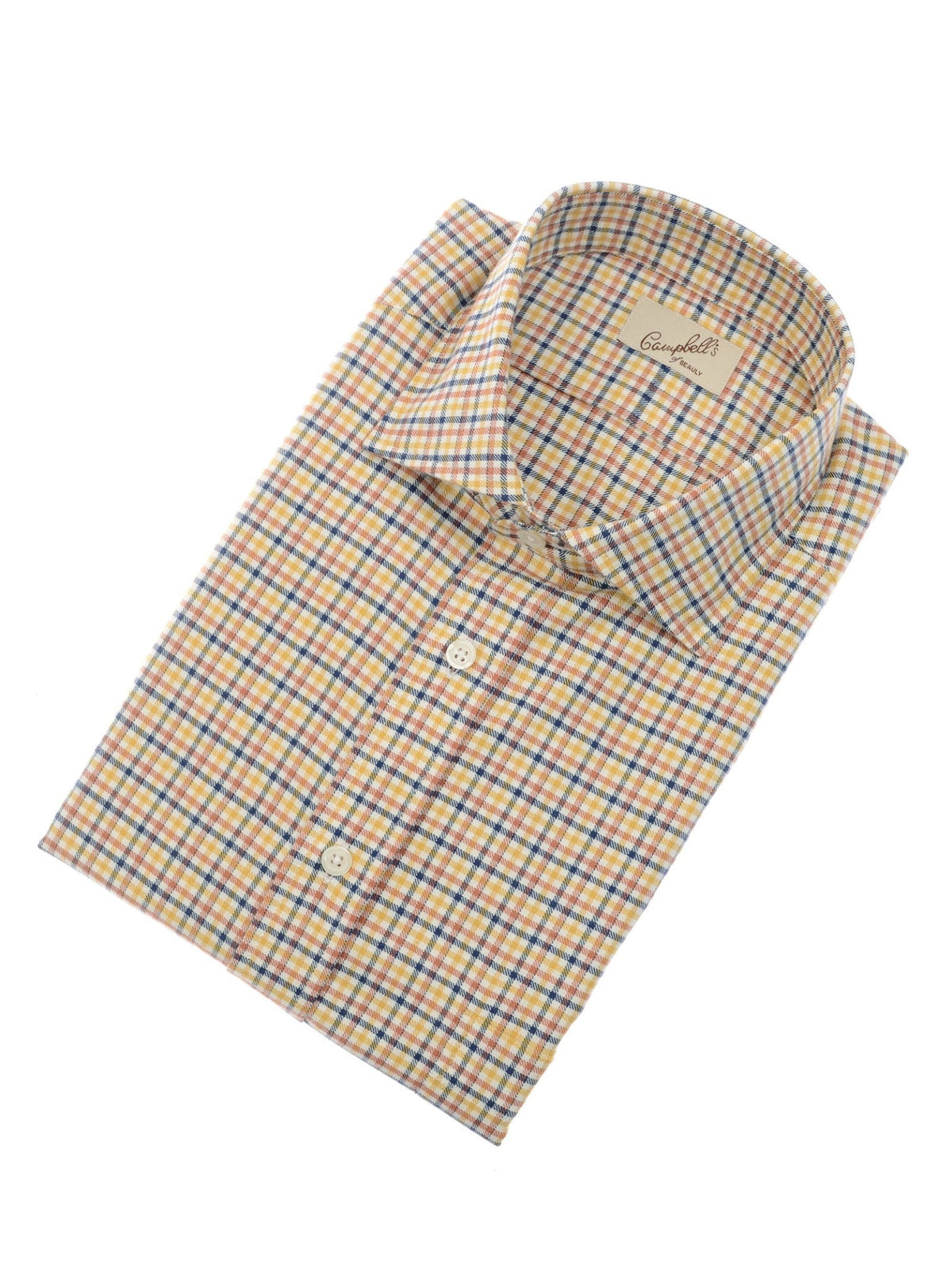 A neatly folded Windowpane Shirt by Campbell’s of Beauly, featuring long sleeves and a button-down design with a multicolored plaid pattern in yellow, blue, and red tones, crafted from soft brushed cotton and presented on a white background.
