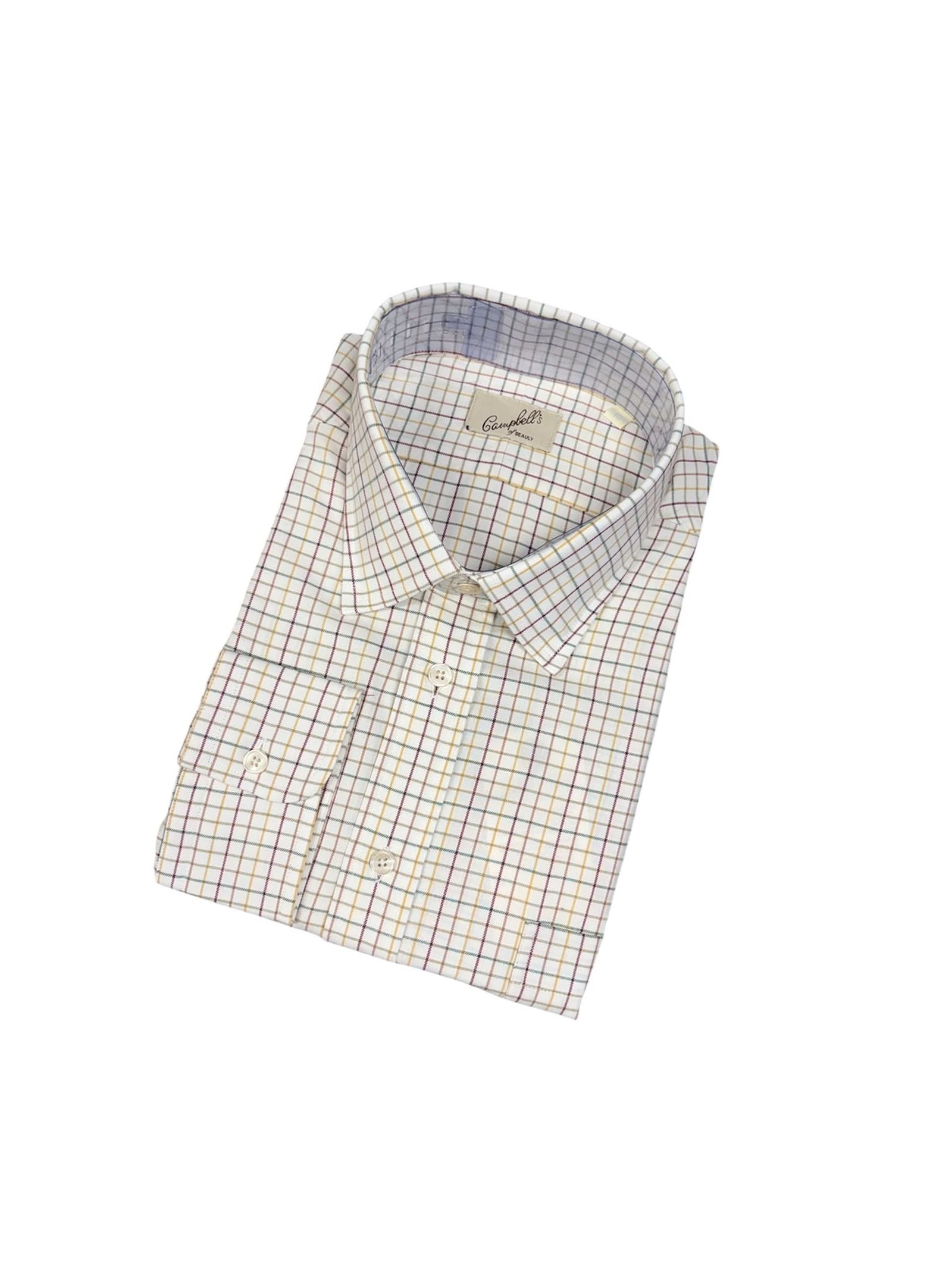 A neatly folded, long-sleeve Windowpane Shirt by Campbell’s of Beauly, featuring a cream base with red, green, and gold checkered pattern, displayed on a plain white surface.