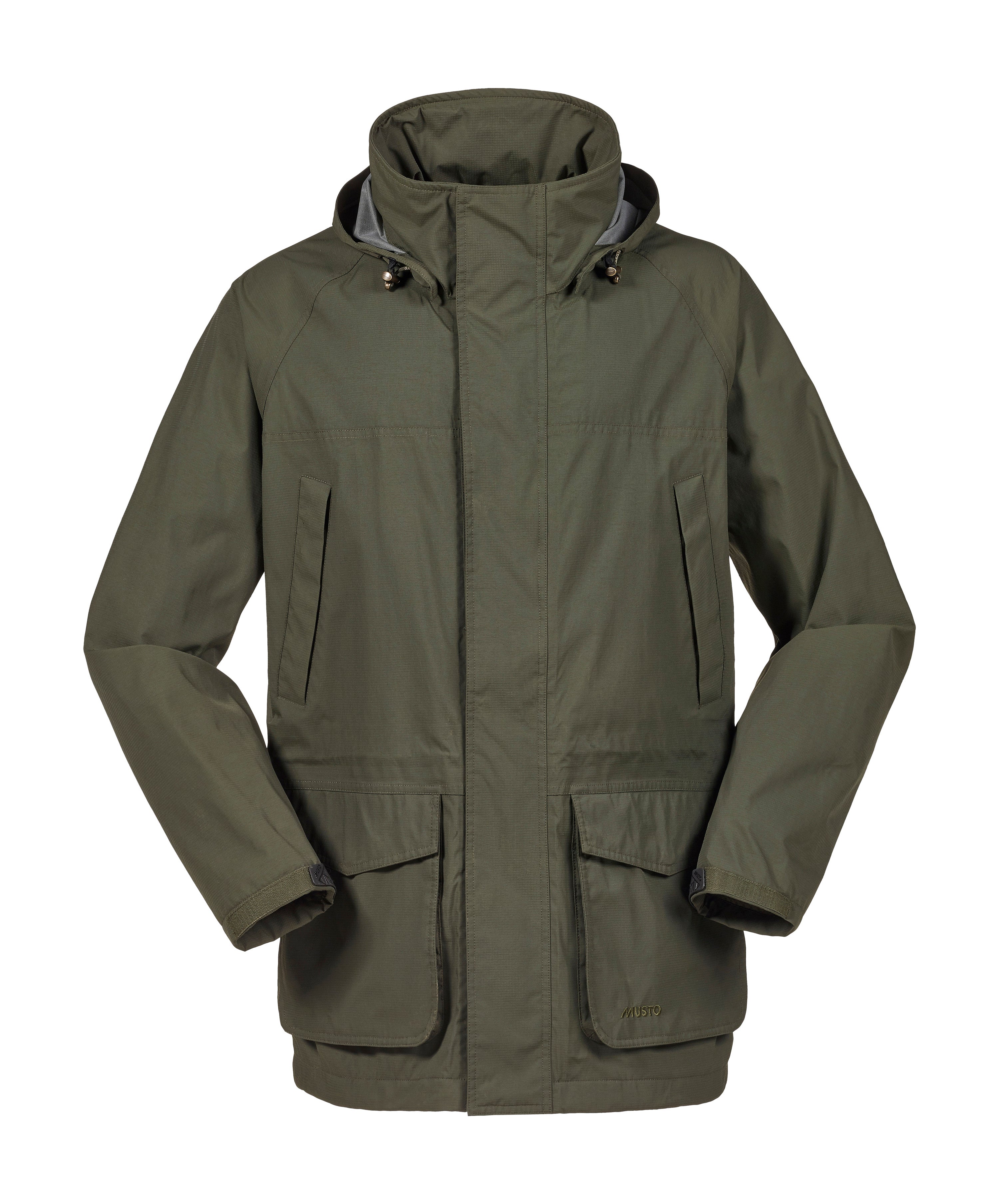 A front view of the Musto Fenland Jacket 2.0 in olive green, featuring a FLEXVIEW hood, BR2 waterproof material, long sleeves, two chest flap pockets, two large front pockets, and a zip-up closure—ideal for cold or rainy days.